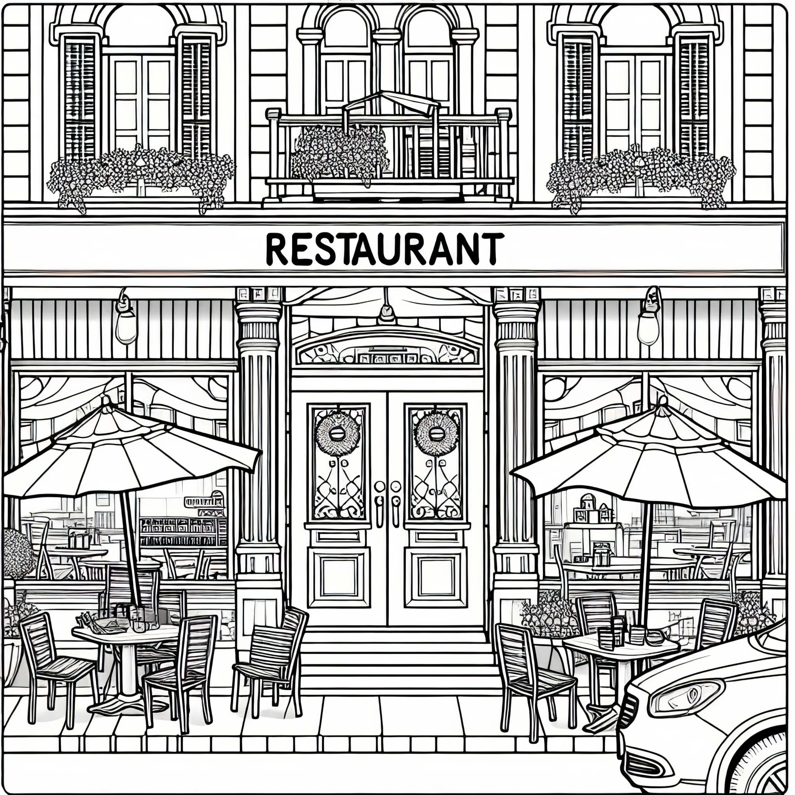 Restaurant von außen Ausmalbild kostenlos – Jetzt herunterladen und online ausmalen