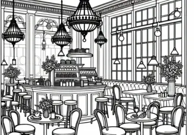 Ausmalbild eines Restaurants von innen – Kostenloses Download-Angebot