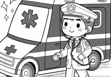 Rettungssanitäter bei Krankenwagen Ausmalbild Gratis