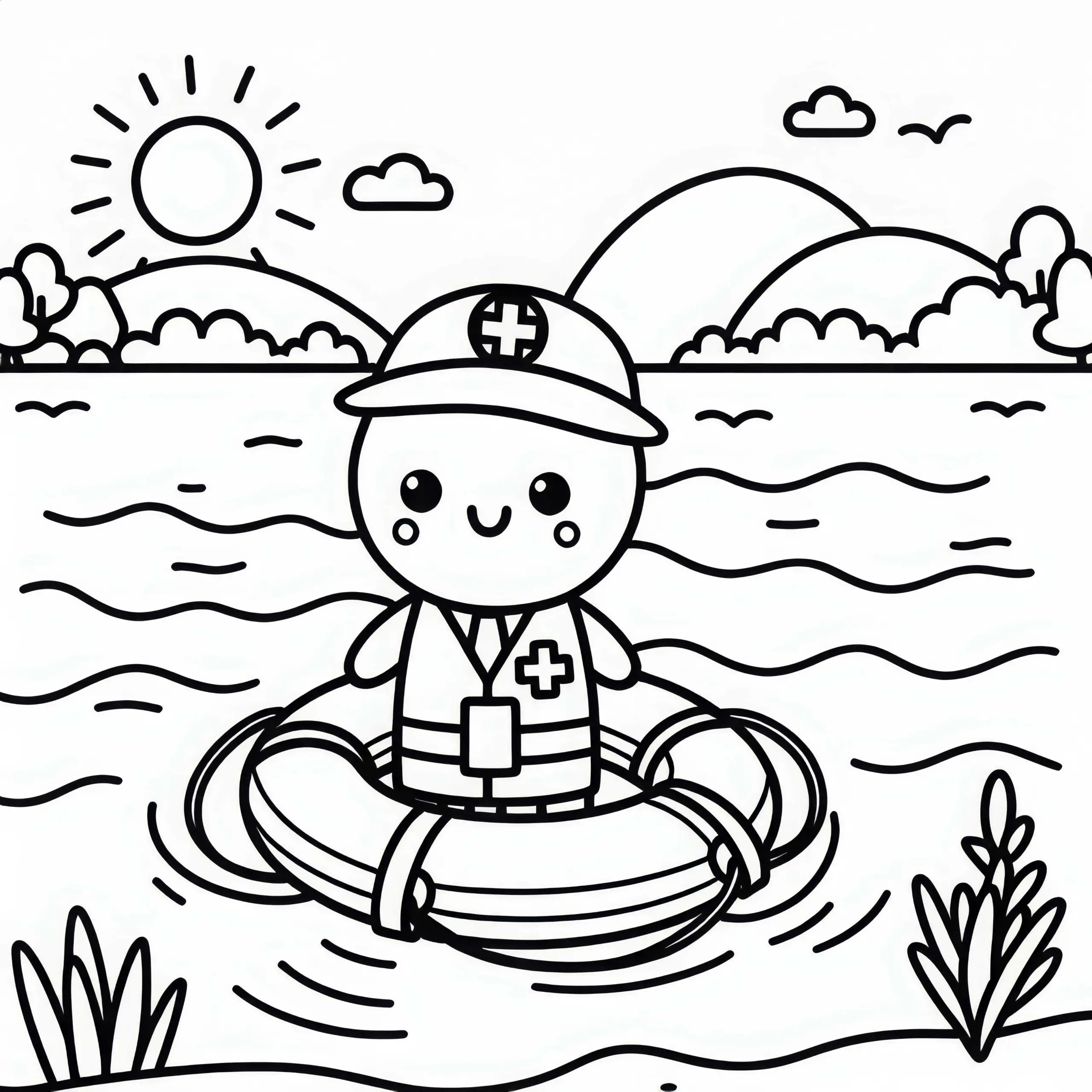 Rettungsschwimmer auf dem See – Malvorlage einfach und kostenlos (Ausmalbild)