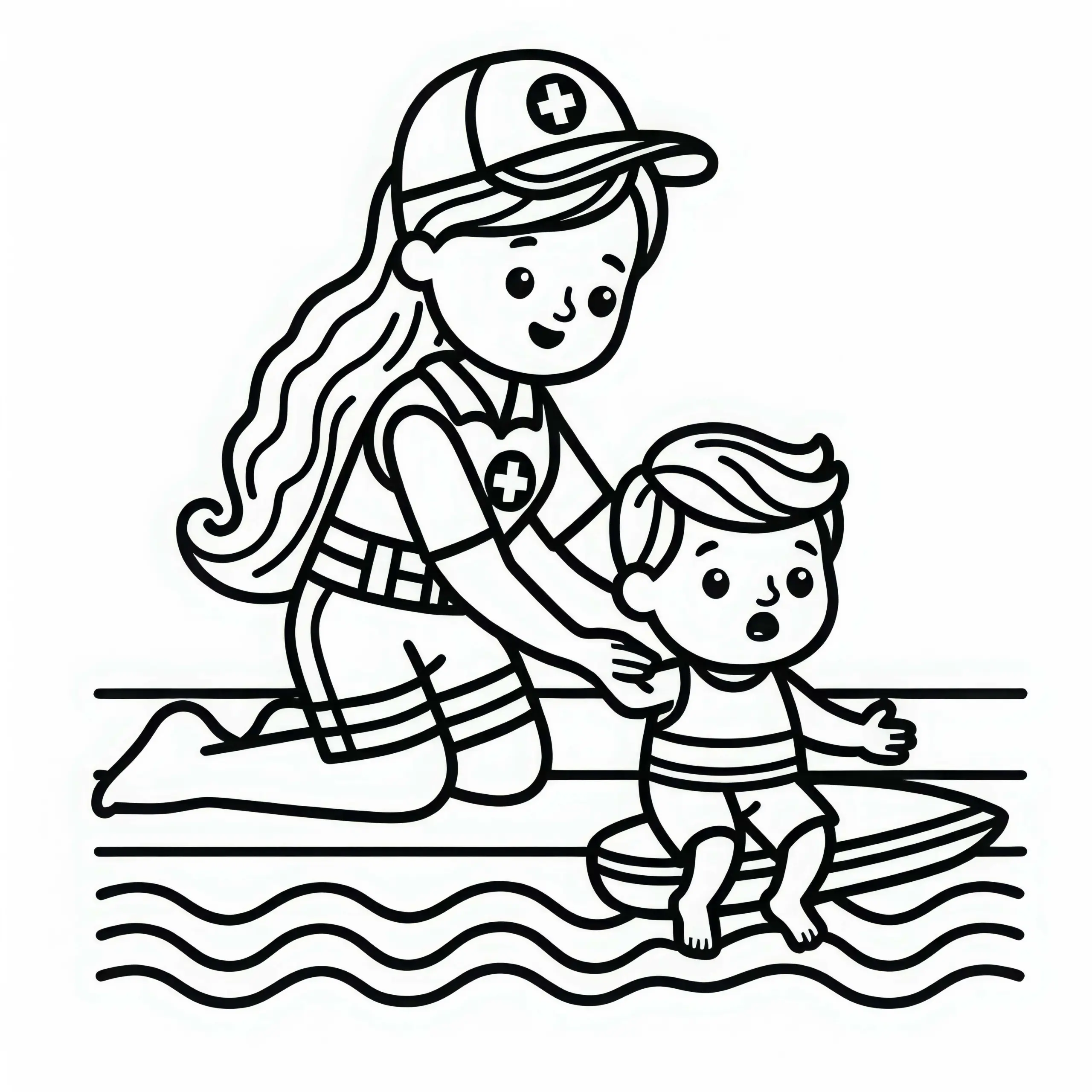 Rettungsschwimmerin hilft Kind am Strand – Malvorlage einfach kostenlos (Ausmalbild)