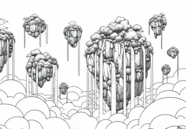 Riesige Felsen mit Wasserfällen schweben zwischen Wolken – Ausmalbild kostenlos