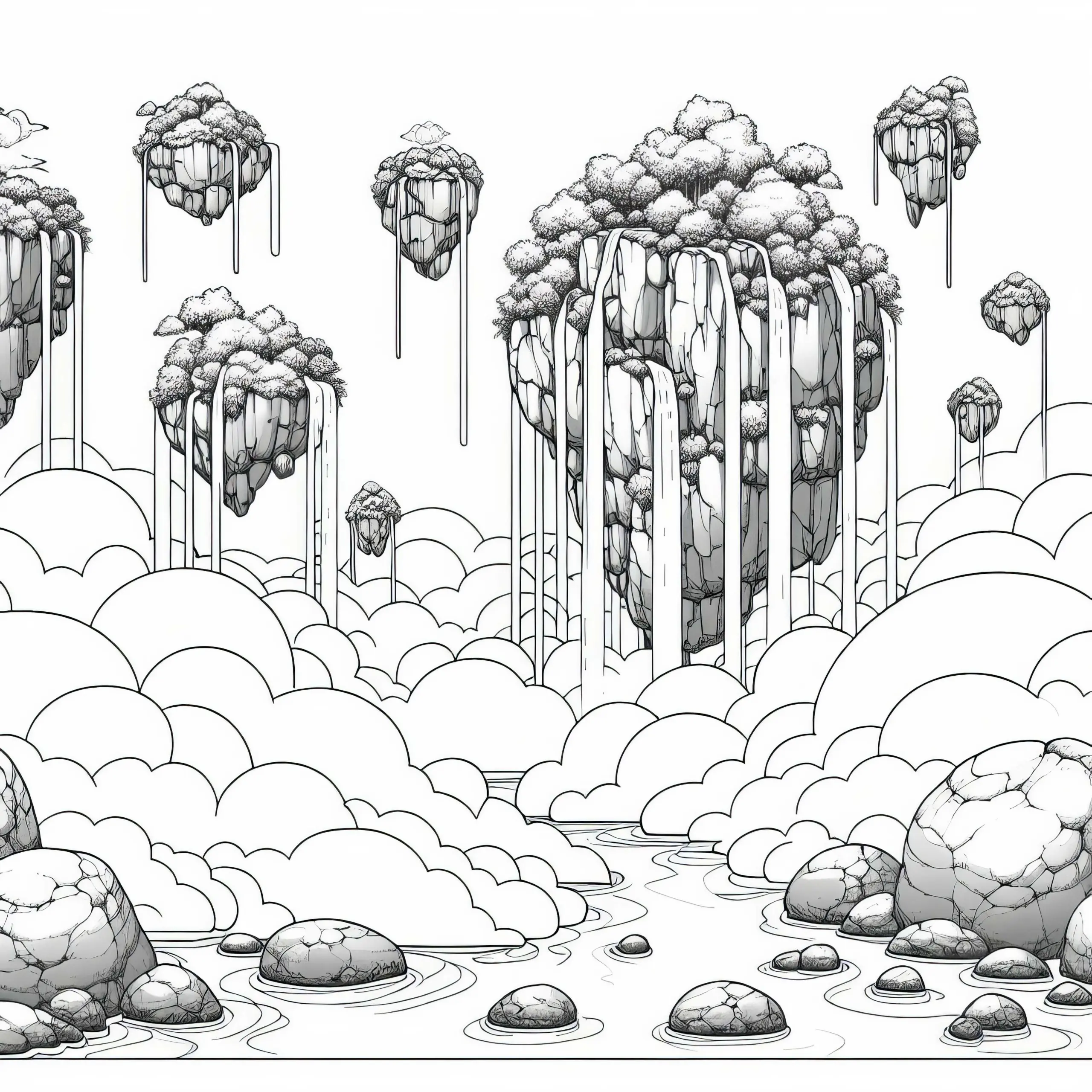 Riesige Felsen mit Wasserfällen schweben zwischen Wolken – Ausmalbild kostenlos