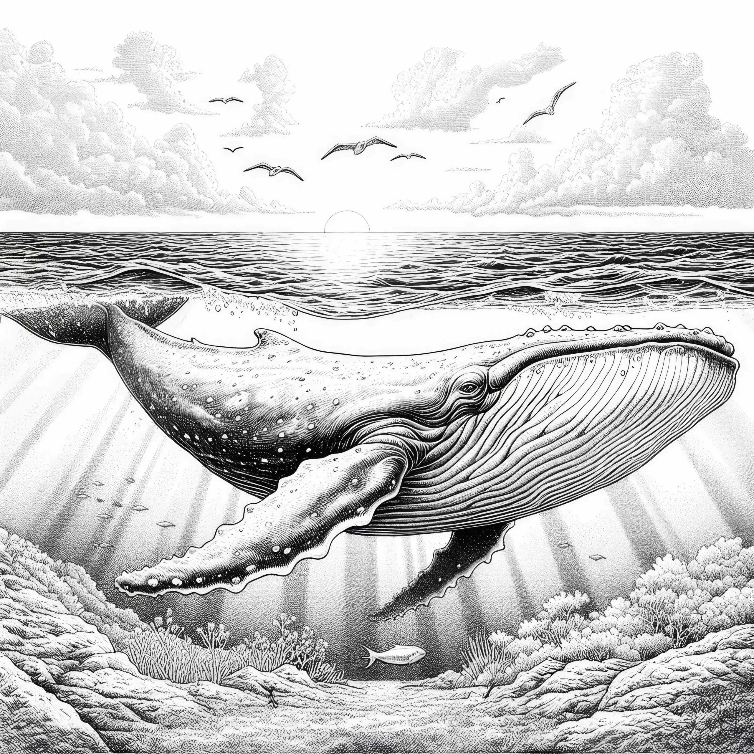 Riesiger Blauwal schwimmt im Ozean: Ausmalbild zum Download (Kostenlos)