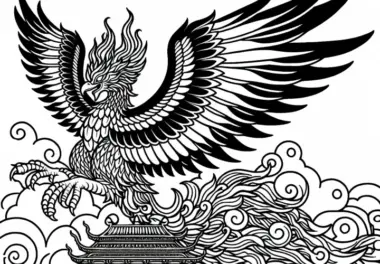 Riesiger Phoenix thront auf der Spitze eines alten Tempels – Malvorlage einfach gratis