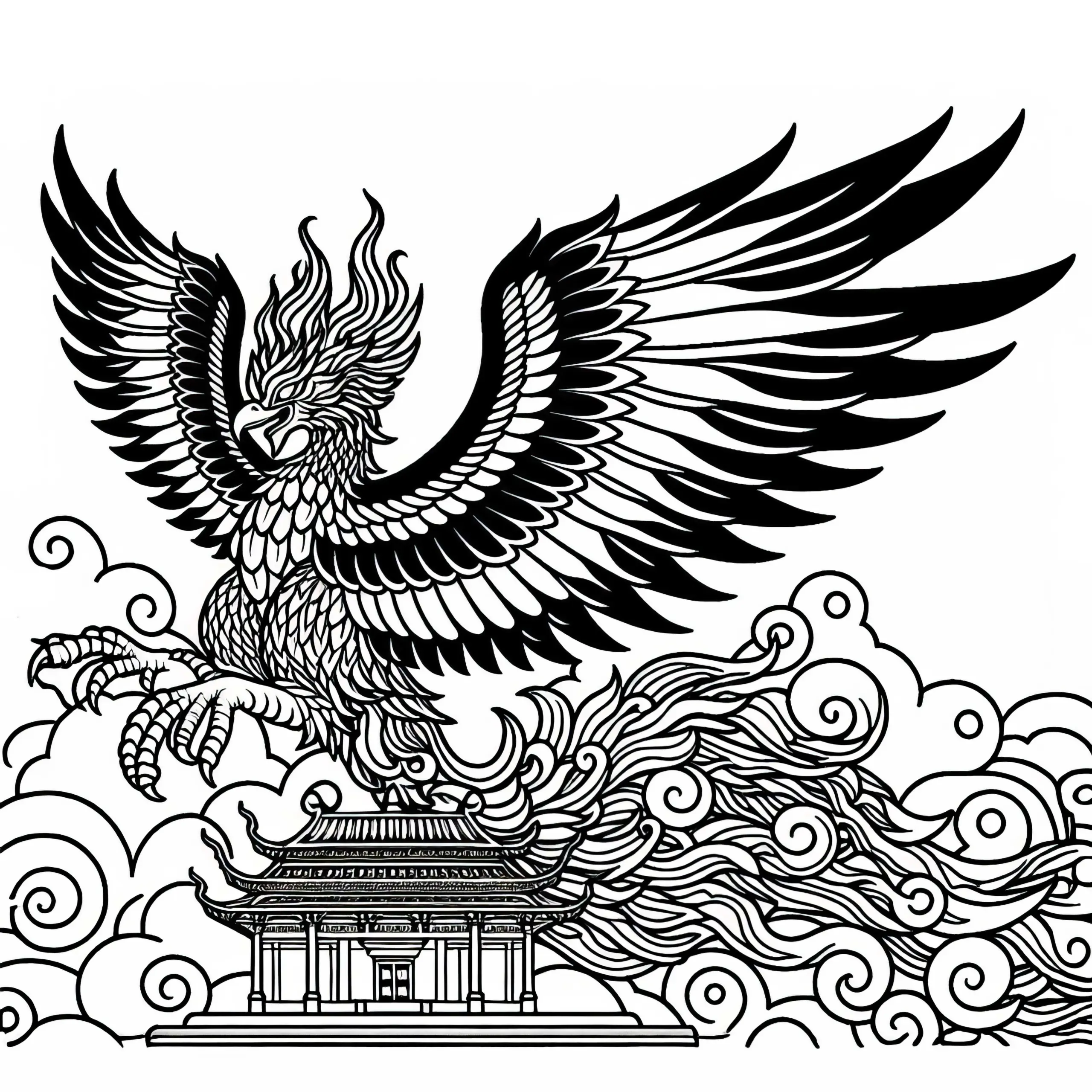 Riesiger Phoenix thront auf der Spitze eines alten Tempels – Malvorlage einfach gratis (Ausmalbild)