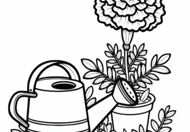 Ringelblume neben Gießkanne – Malvorlage für eine Sommerblume zum Gratis-Download