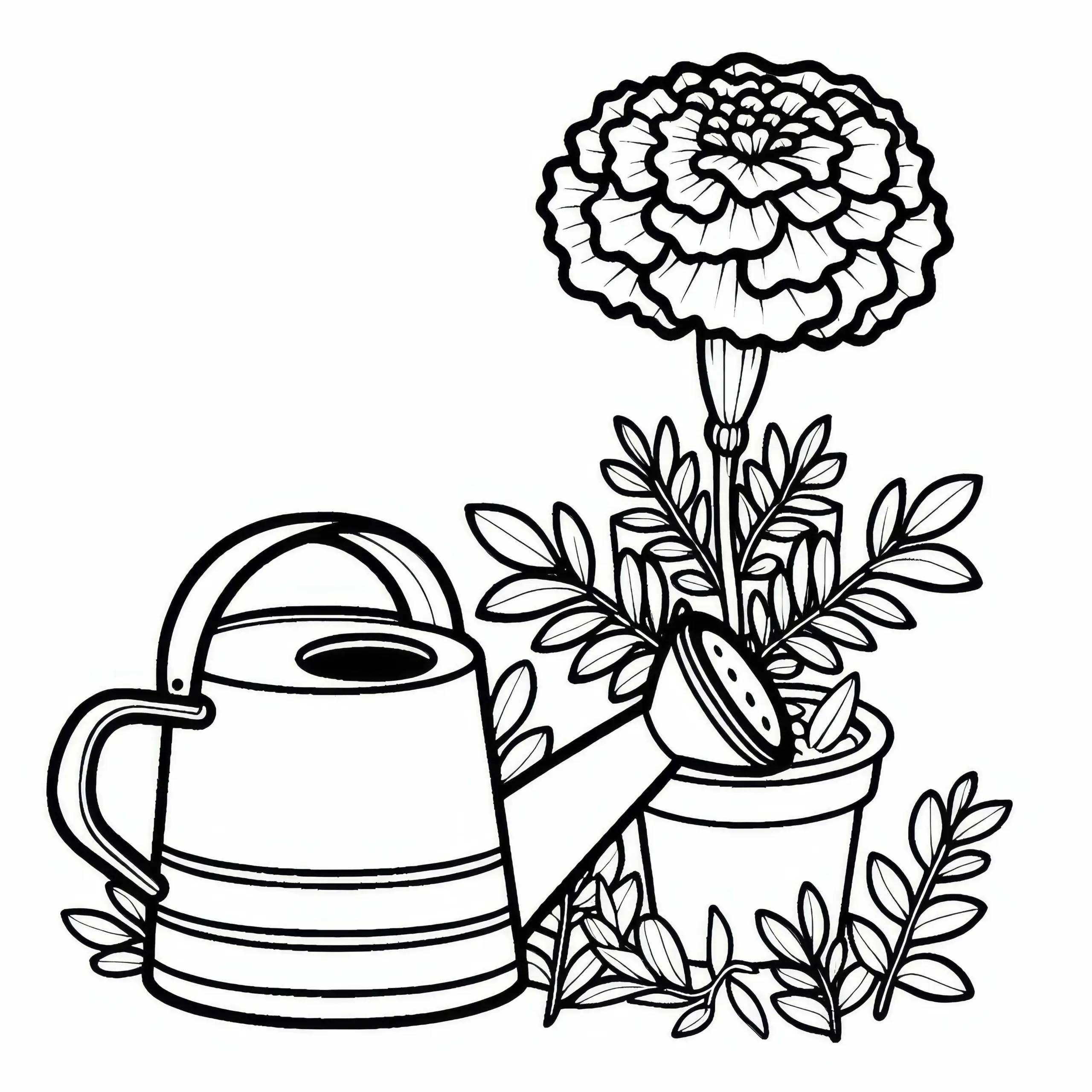 Ringelblume neben Gießkanne – Malvorlage für eine Sommerblume zum Gratis-Download (Ausmalbild)