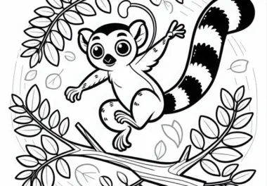 Ringelschwanzlemur springt mit ausgebreiteten Armen von einem Ast zum nächsten – Malvorlage