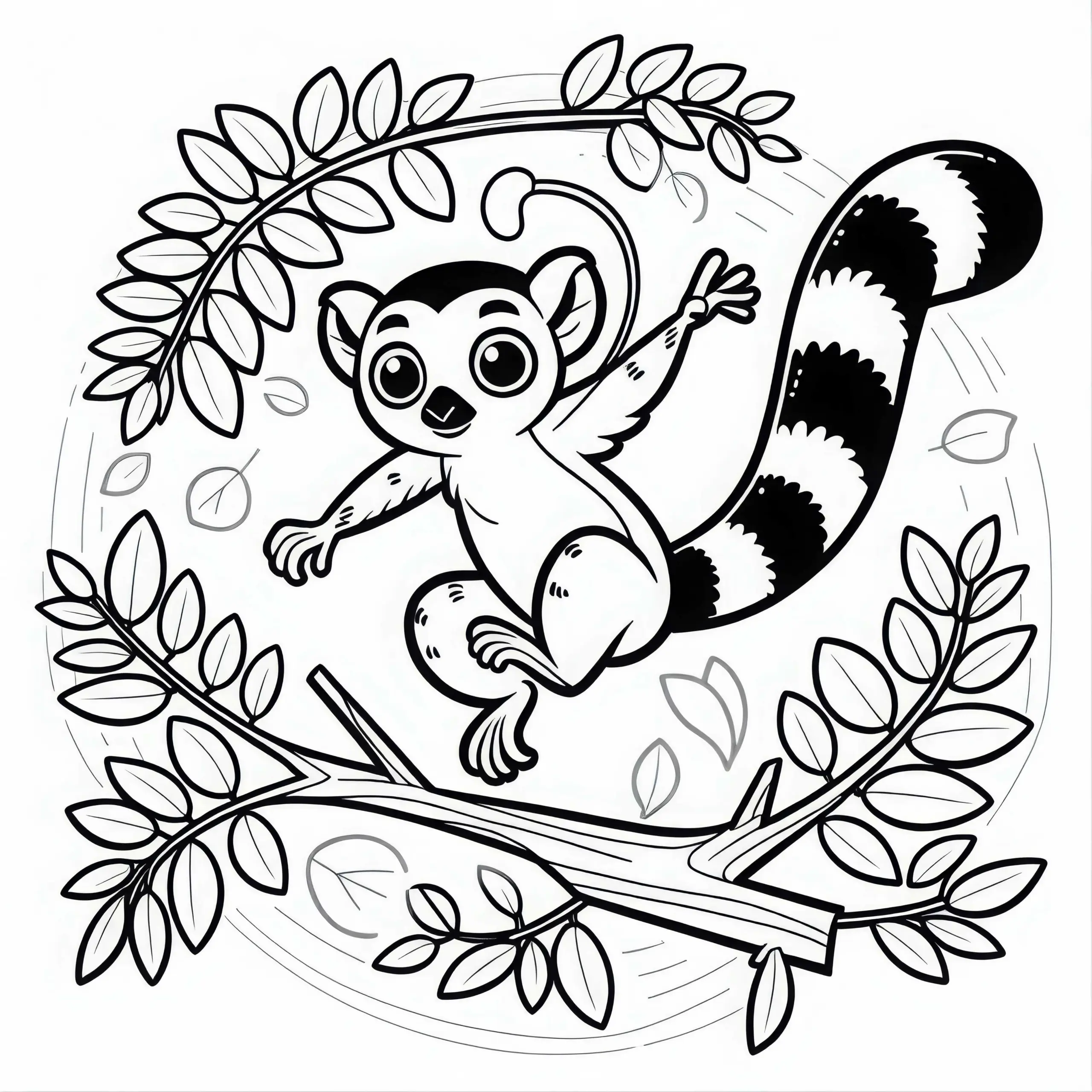 Ringelschwanzlemur springt mit ausgebreiteten Armen von einem Ast zum nächsten – Malvorlage (Ausmalbild)