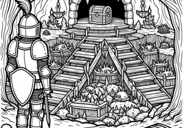 Ritter vor Schatzhöhle – Ausmalbild für Jungs ab neun kostenlos