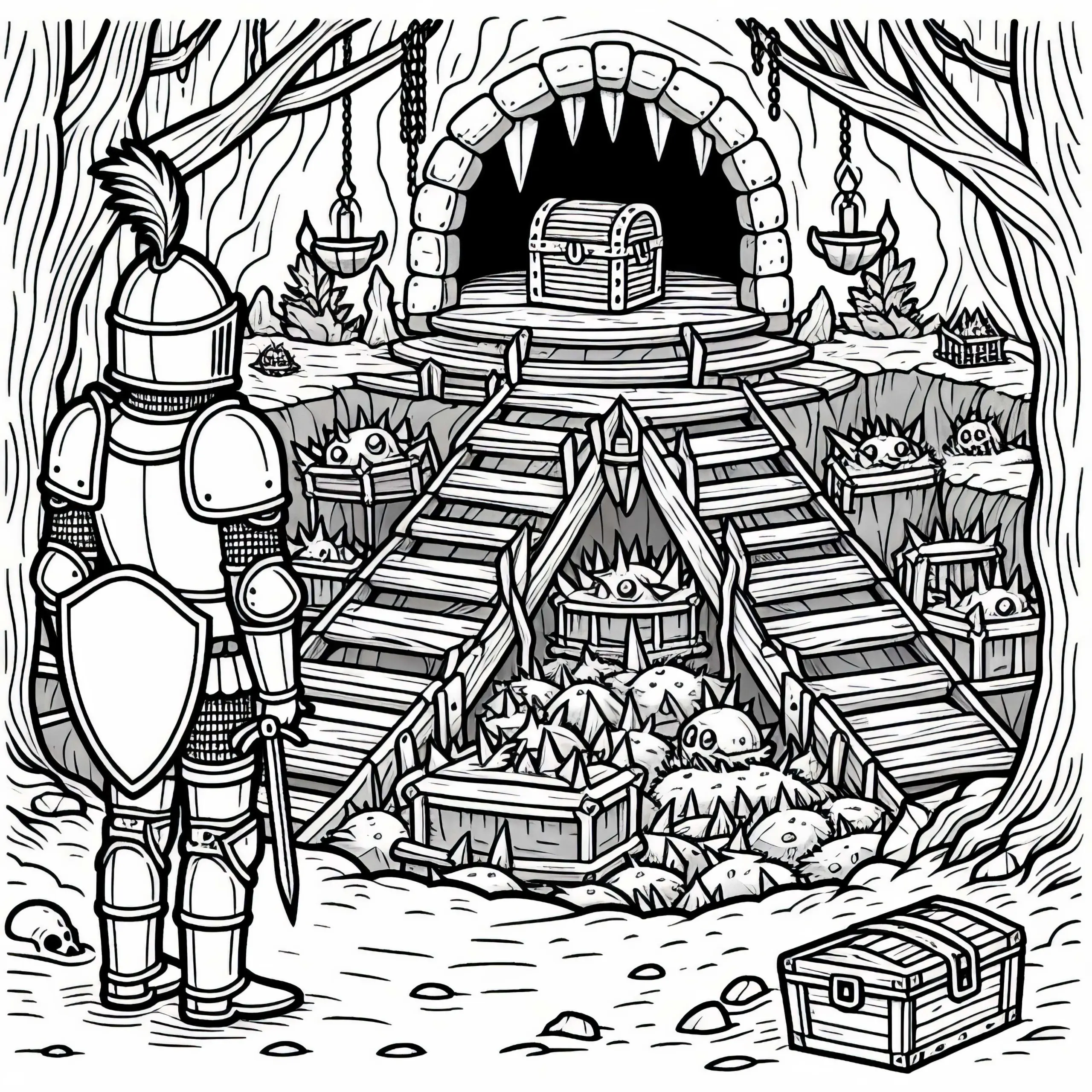 Ritter vor Schatzhöhle – Ausmalbild für Jungs ab neun kostenlos