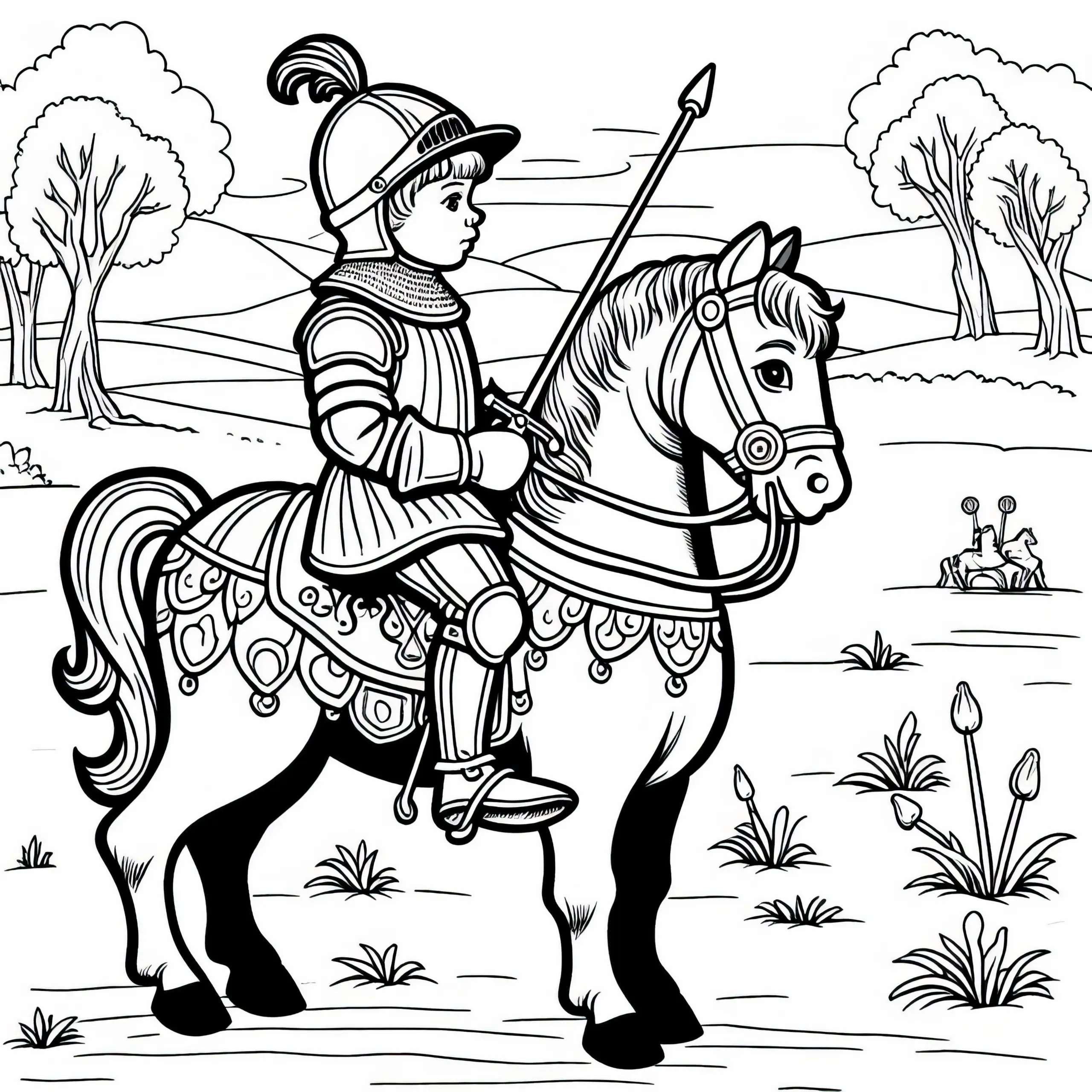 Ritterkind übt Reiten auf Pferd Malvorlage Mittelalter kostenlos (Ausmalbild)