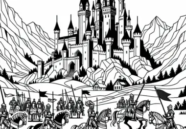 Ritterturnier mit Lanzenreitern vor Burg – Ausmalbild zum Gratis-Download