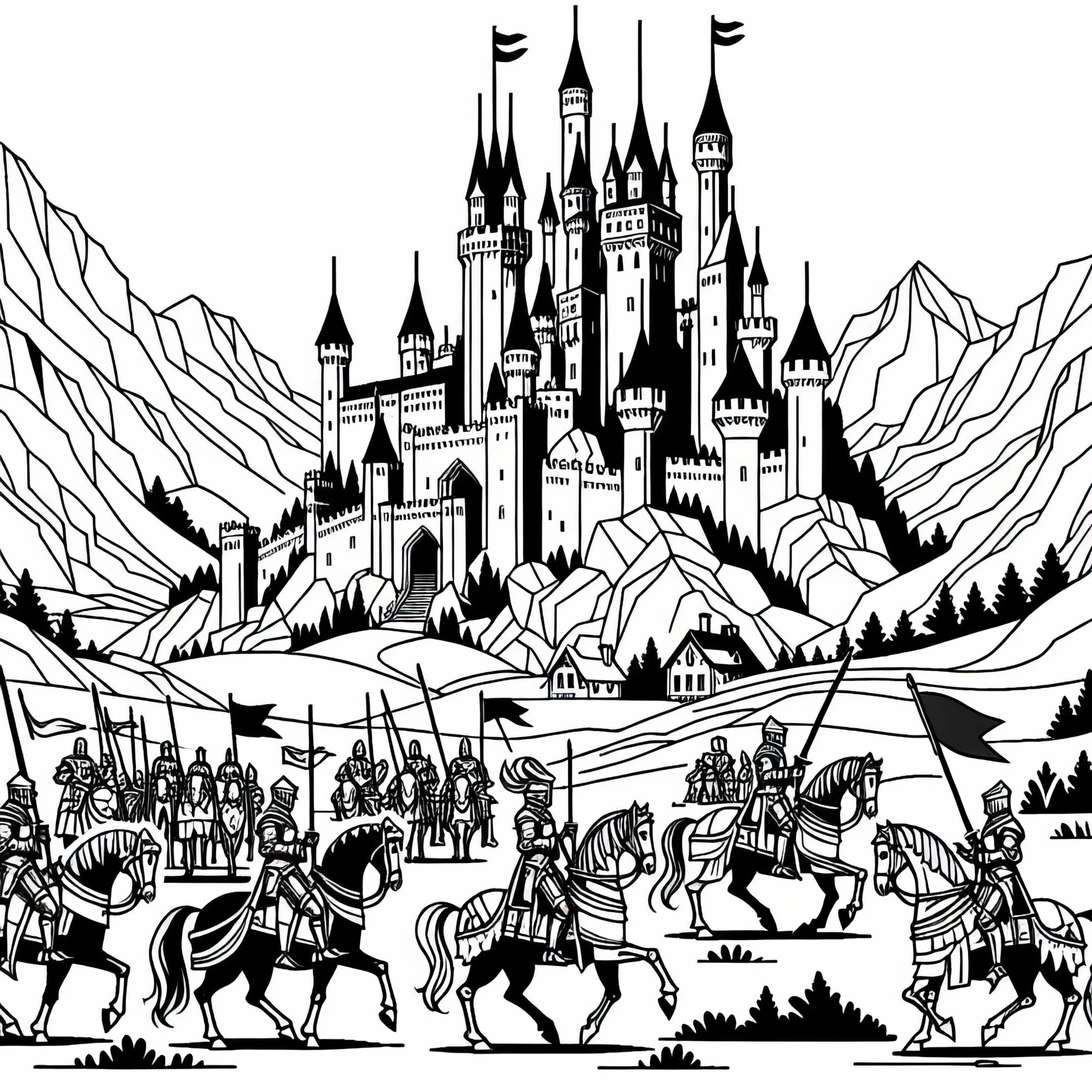 Ritterturnier mit Lanzenreitern vor Burg – Ausmalbild zum Gratis-Download