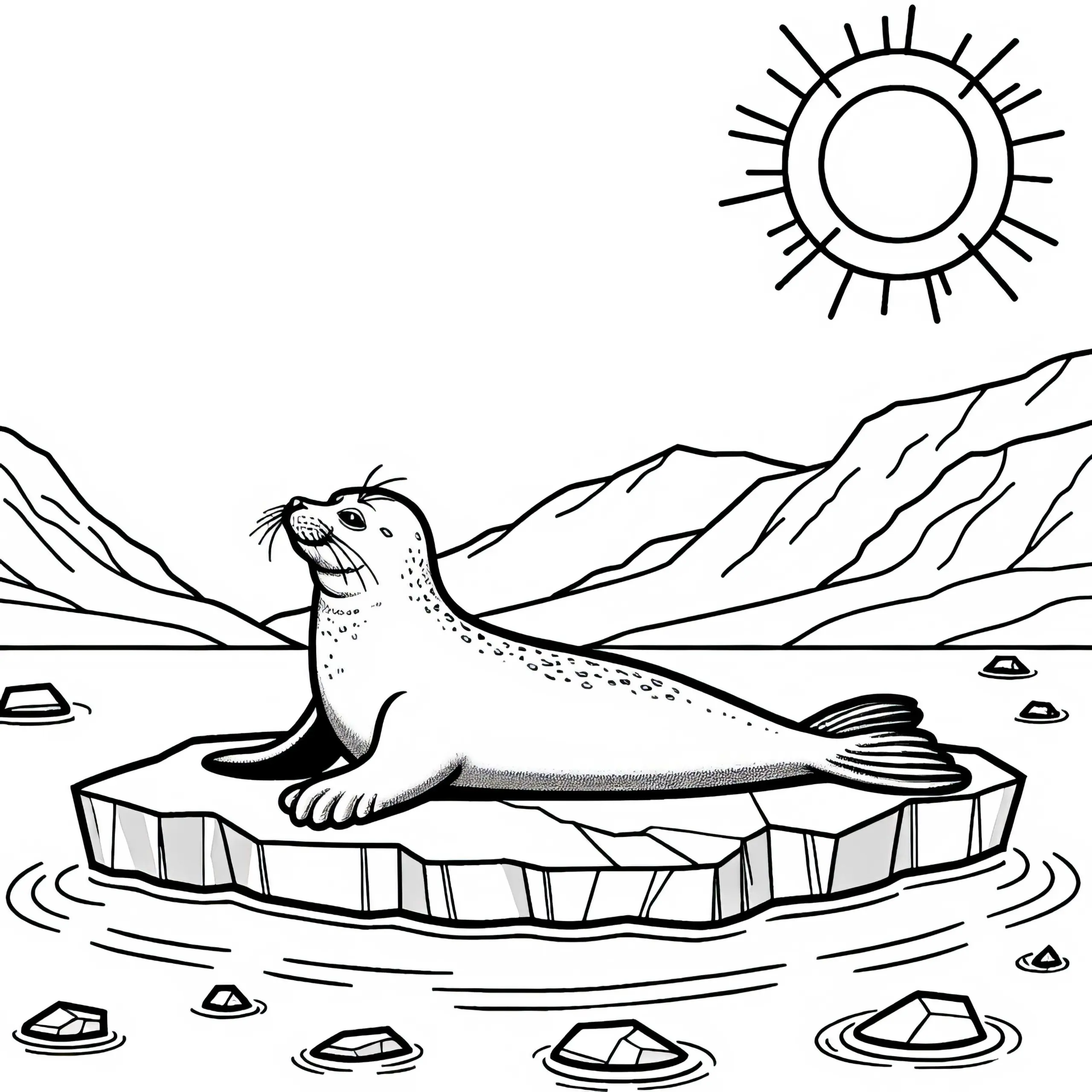Robbe Liegt Entspannt Auf Eisscholle Und Geniesst Die Sonne – Malvorlage Einfach Kostenlos (Ausmalbild)