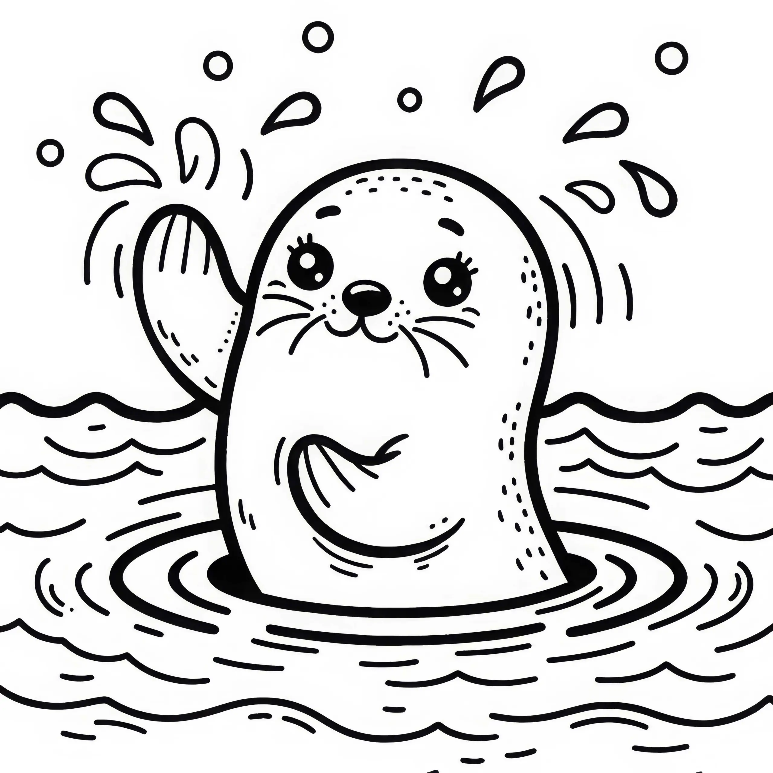 Robbe spielt verspielt mit Flossen auf das Wasser – Malvorlage kostenlos (Ausmalbild)