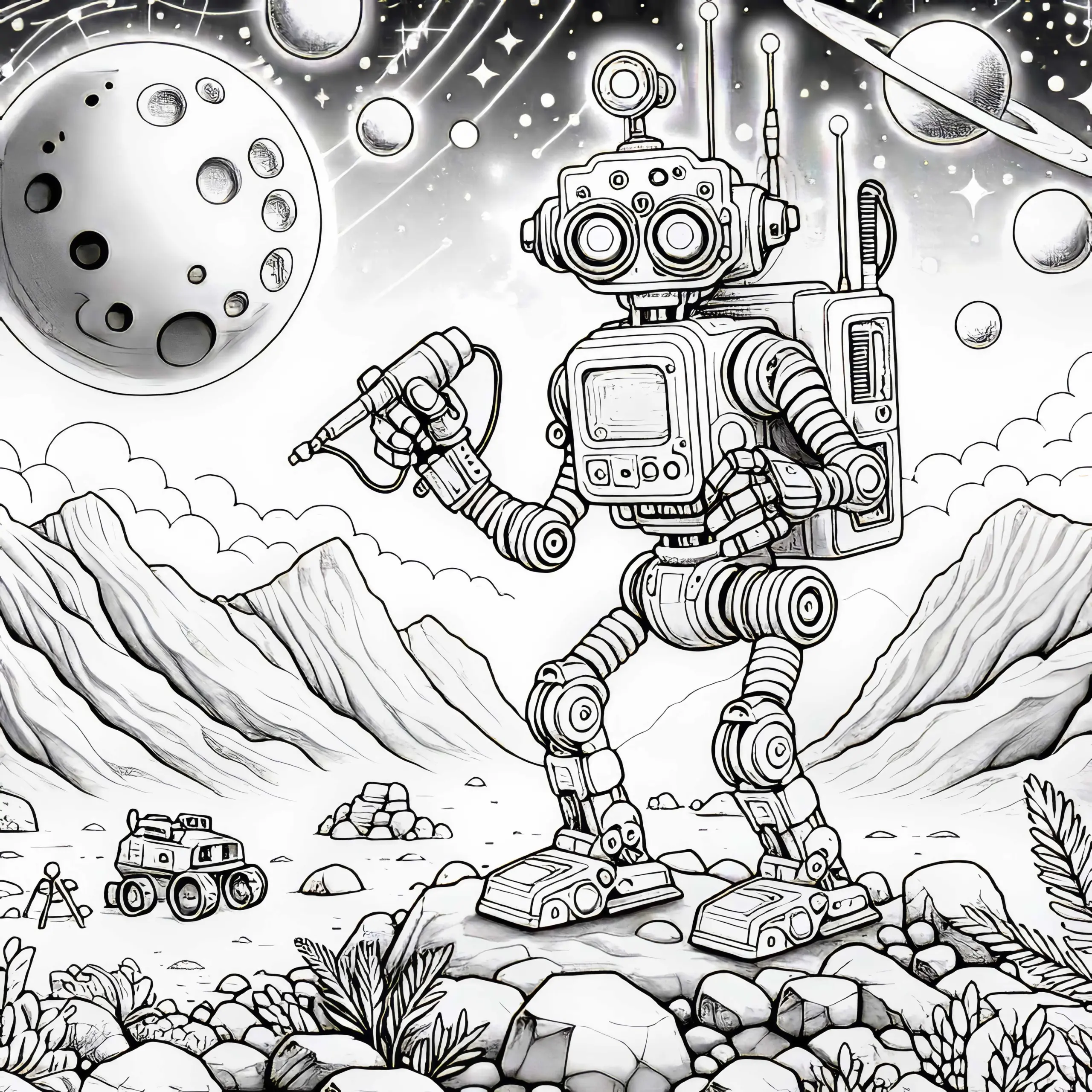 Roboter erkundet fremden Planeten: Ausmalbild in hoher Qualität (Gratis)