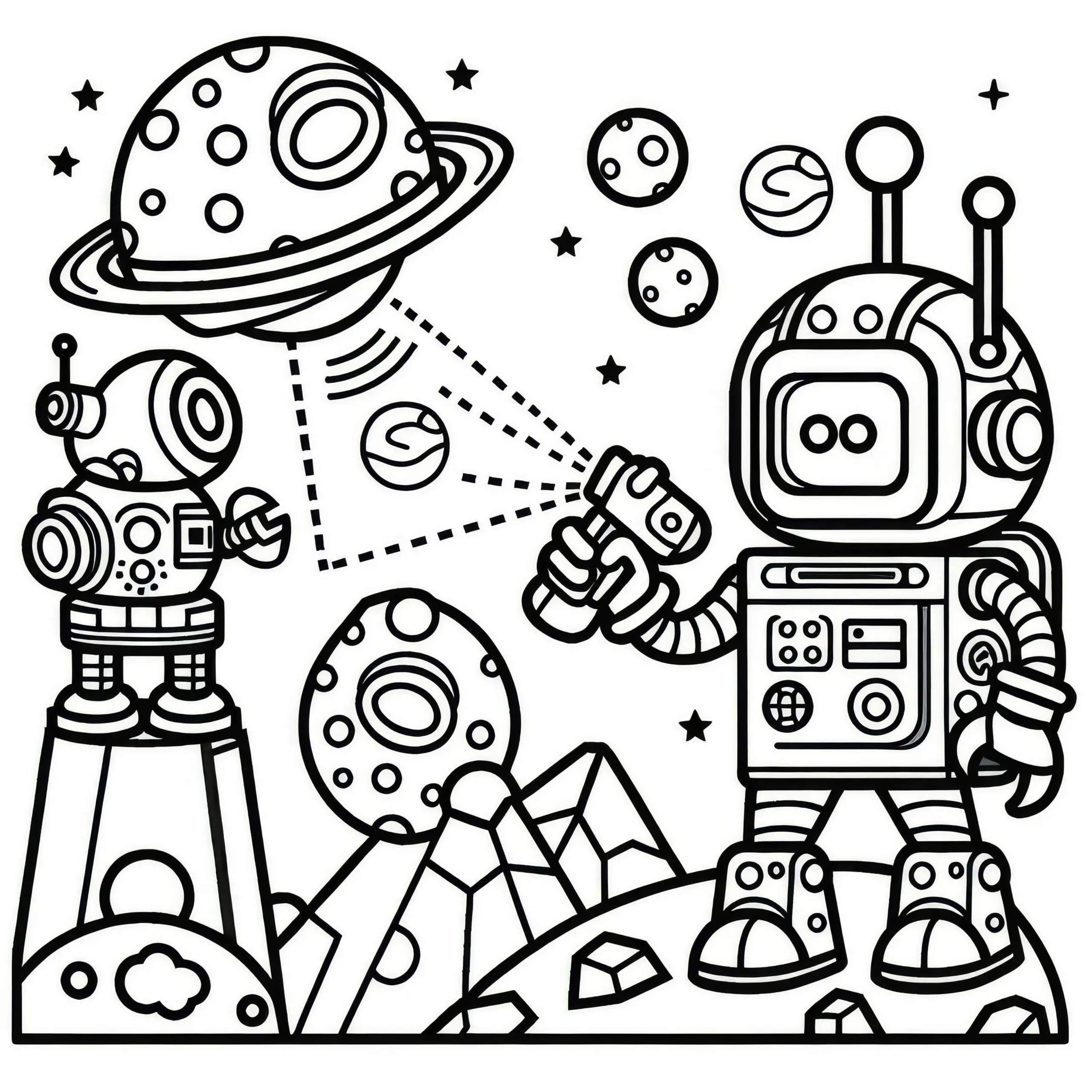Roboter erkundet fremden Planeten mit Sensoren und Werkzeugen: Einfache Malvorlage (Kostenlos) (Ausmalbild)
