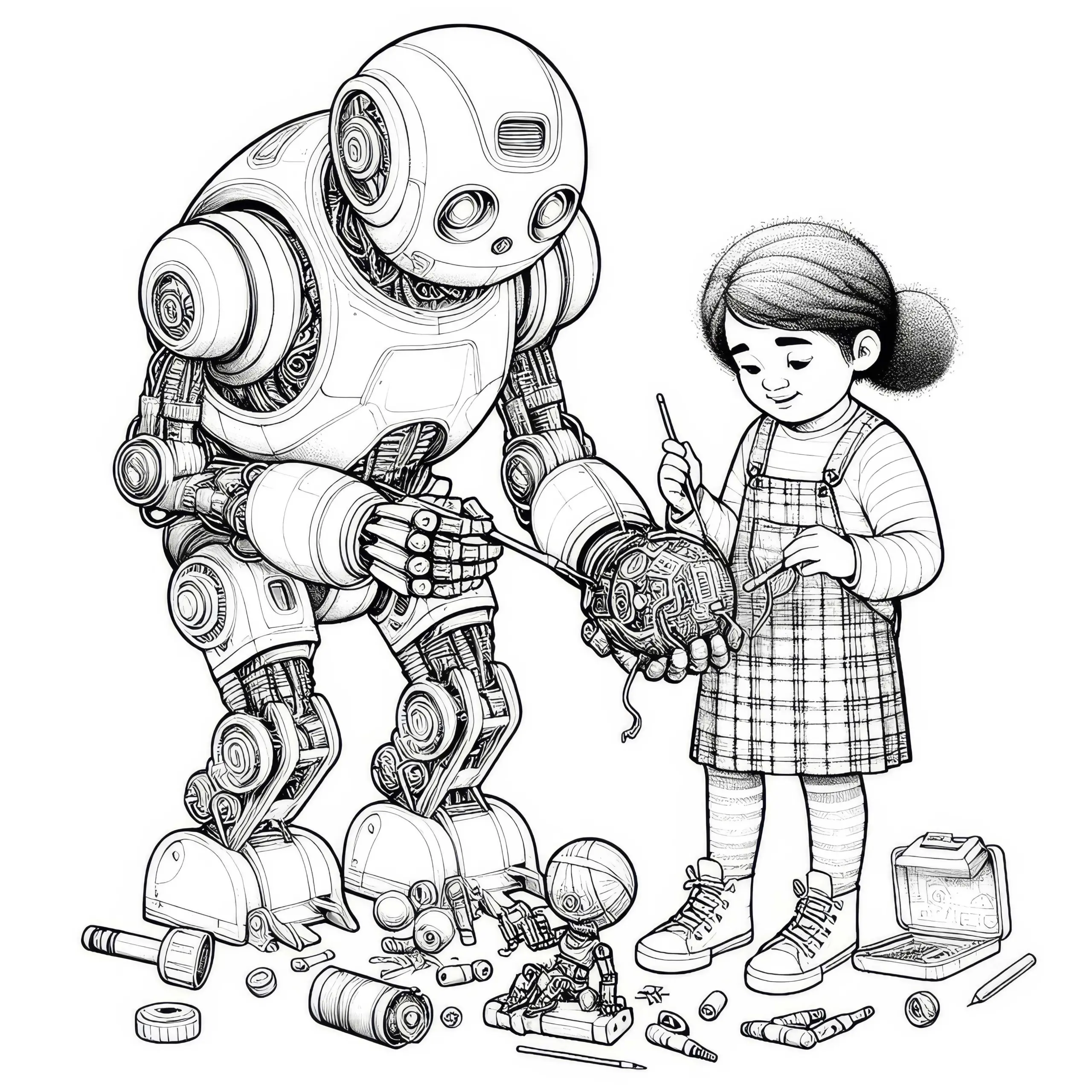 Roboter hilft Kind, ein defektes Spielzeug zu reparieren: Detailreiches Ausmalbild (Kostenlos)