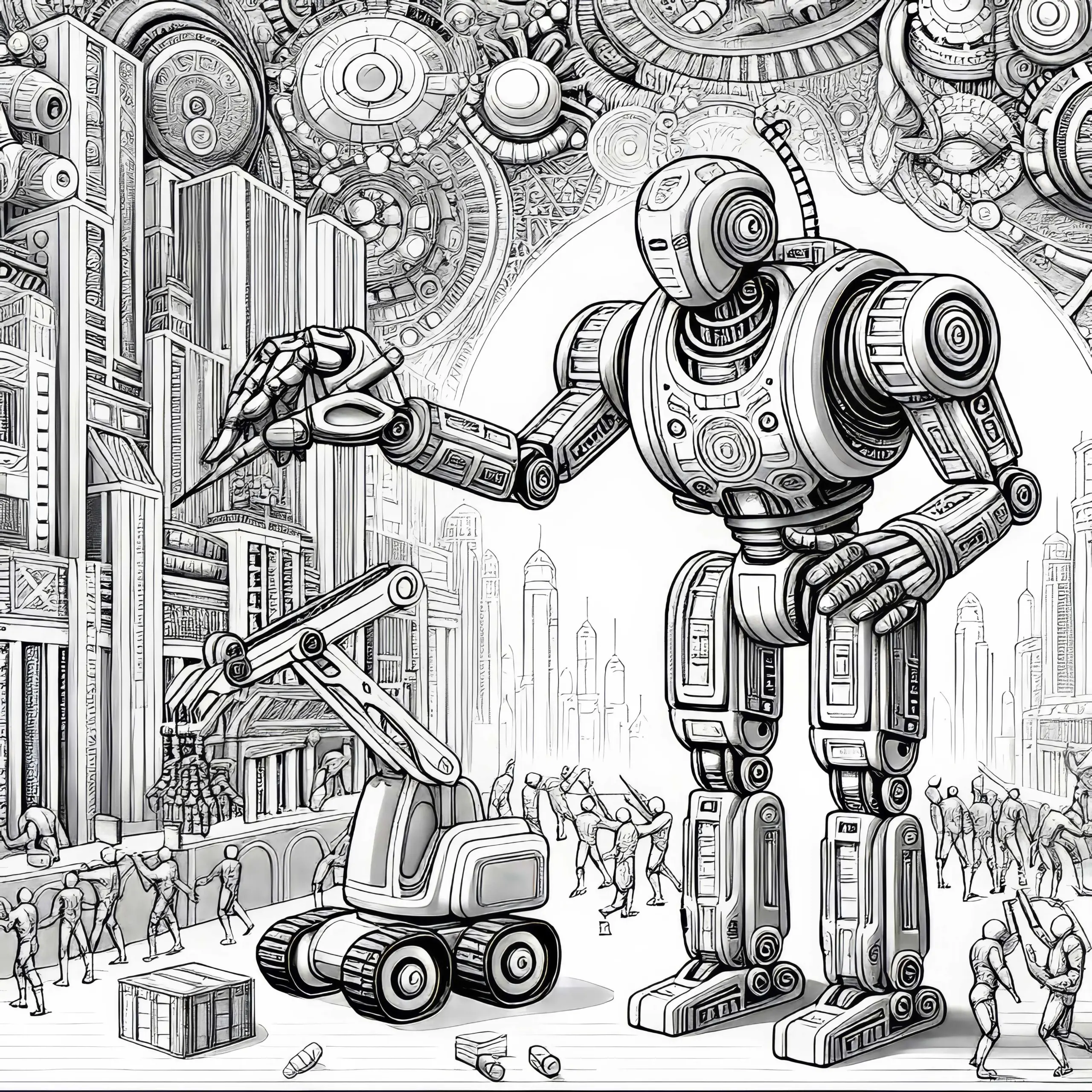 Roboter hilft Menschen beim Aufbau einer Stadt in einer Sci-Fi-Welt: Ausmalbild zum Download (Gratis)