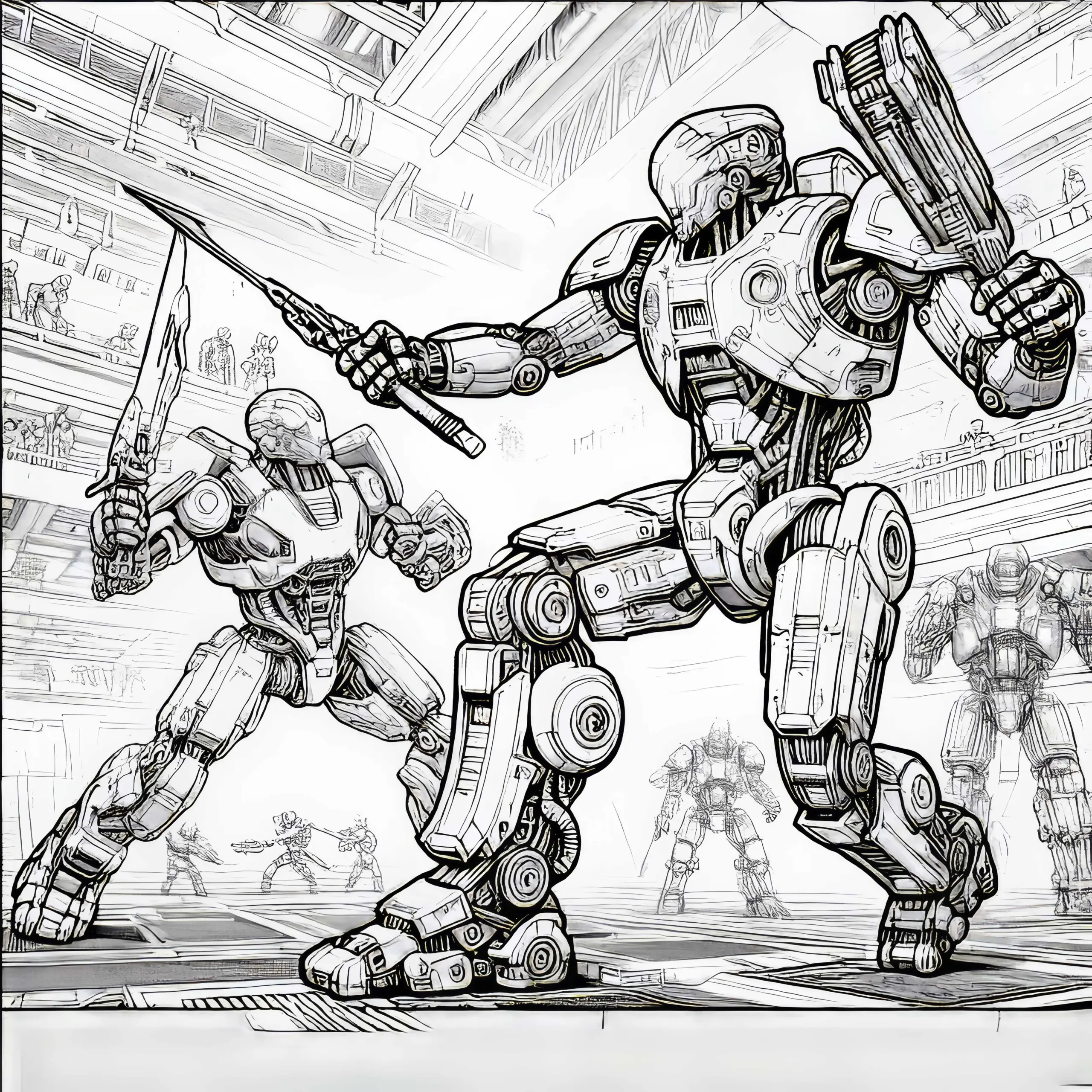 Roboter kämpft gegen anderen Roboter in Hightech-Arena: Detailreiche Malvorlage (Gratis) (Ausmalbild)
