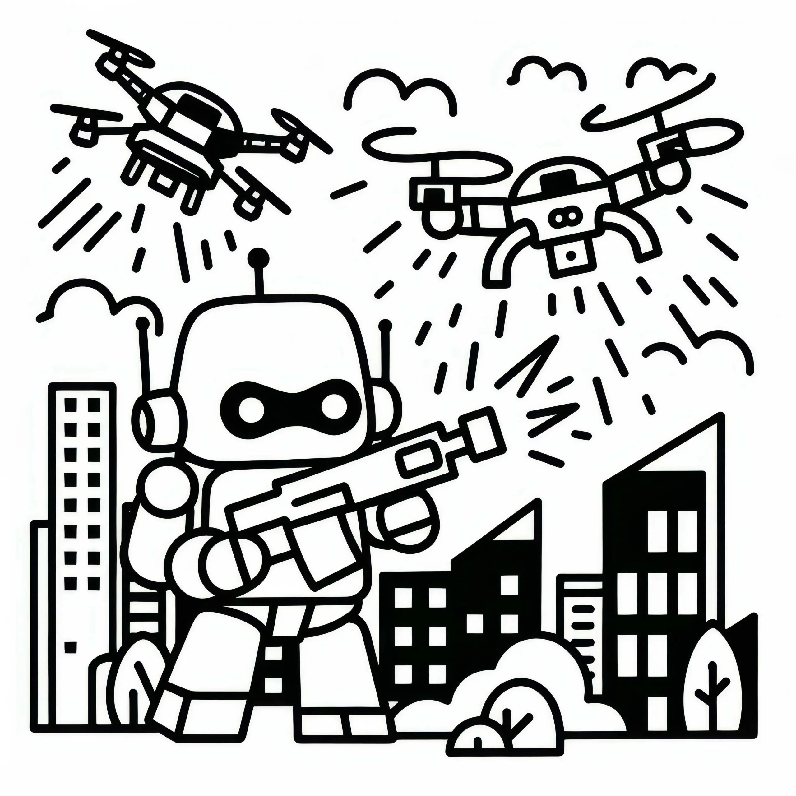 Roboter kämpft gegen Drohnen, die Stadt angreifen: Einfaches Ausmalbild (Gratis)