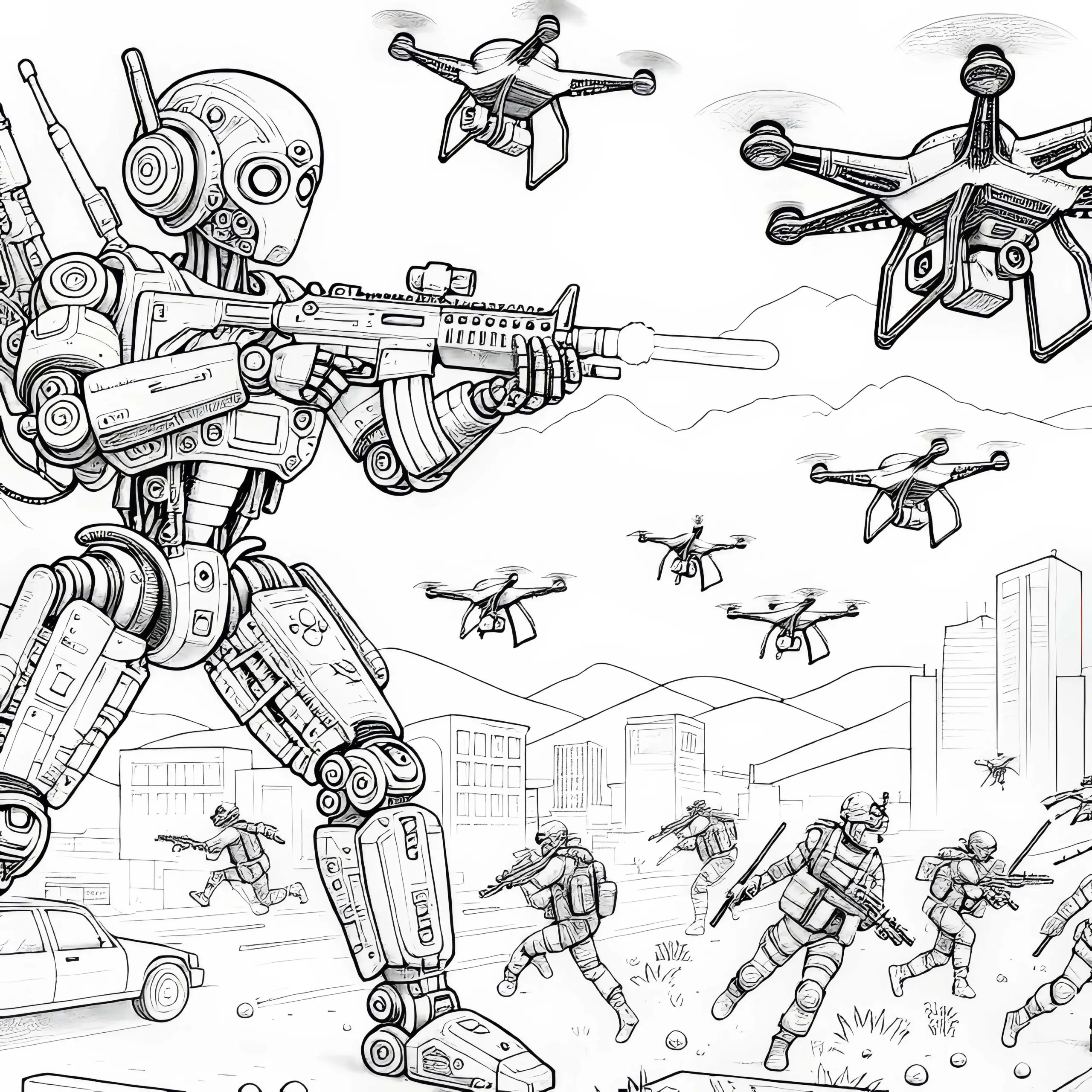Roboter kämpft gegen Drohnen, die eine Stadt angreifen: Malvorlage zum Herunterladen (Gratis) (Ausmalbild)