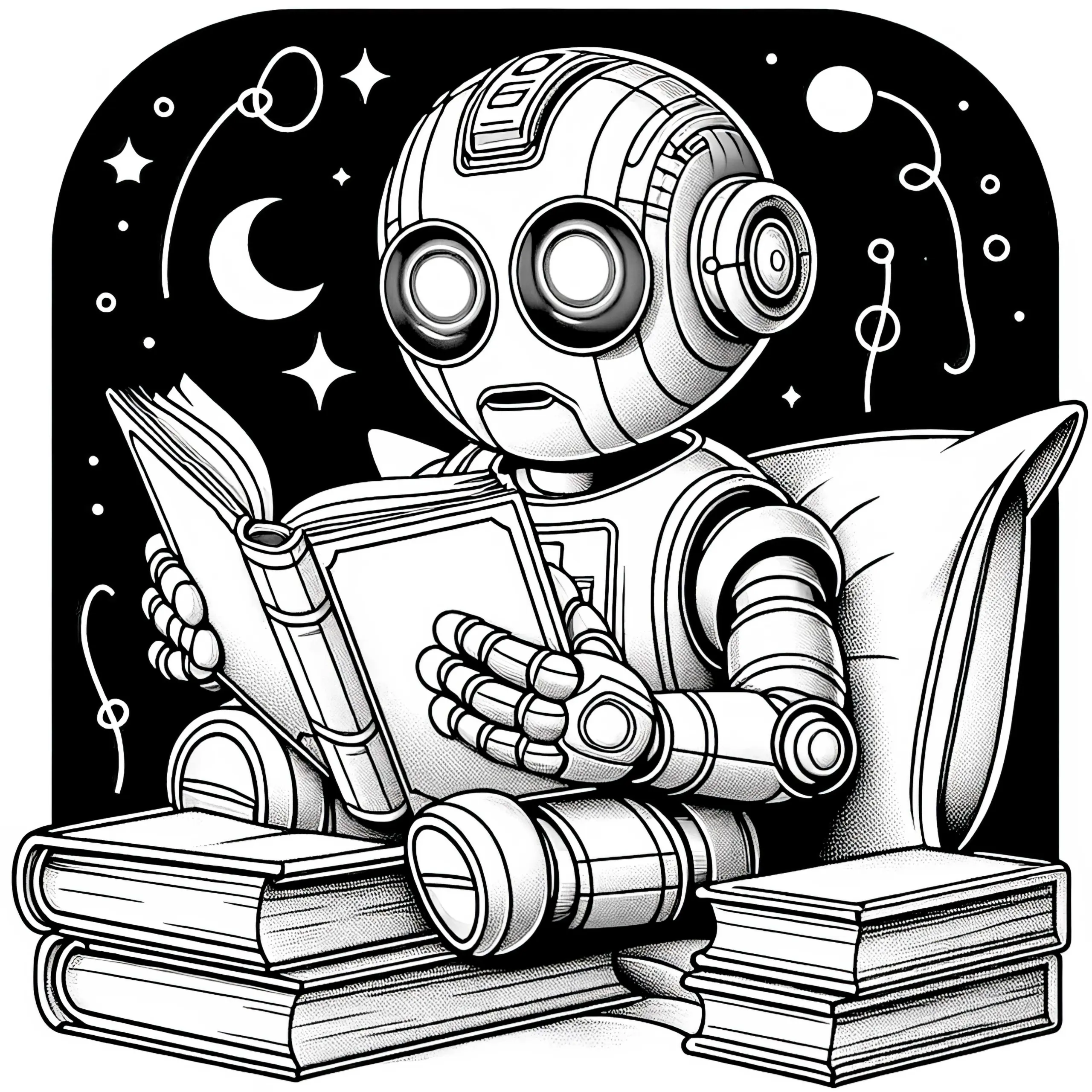 Roboter liest Buch: Malvorlage zum Download (Gratis) (Ausmalbild)