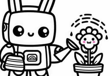 Roboter mit Hasenohren gießst Blume – Ausmalbild Kawaii kostenlos