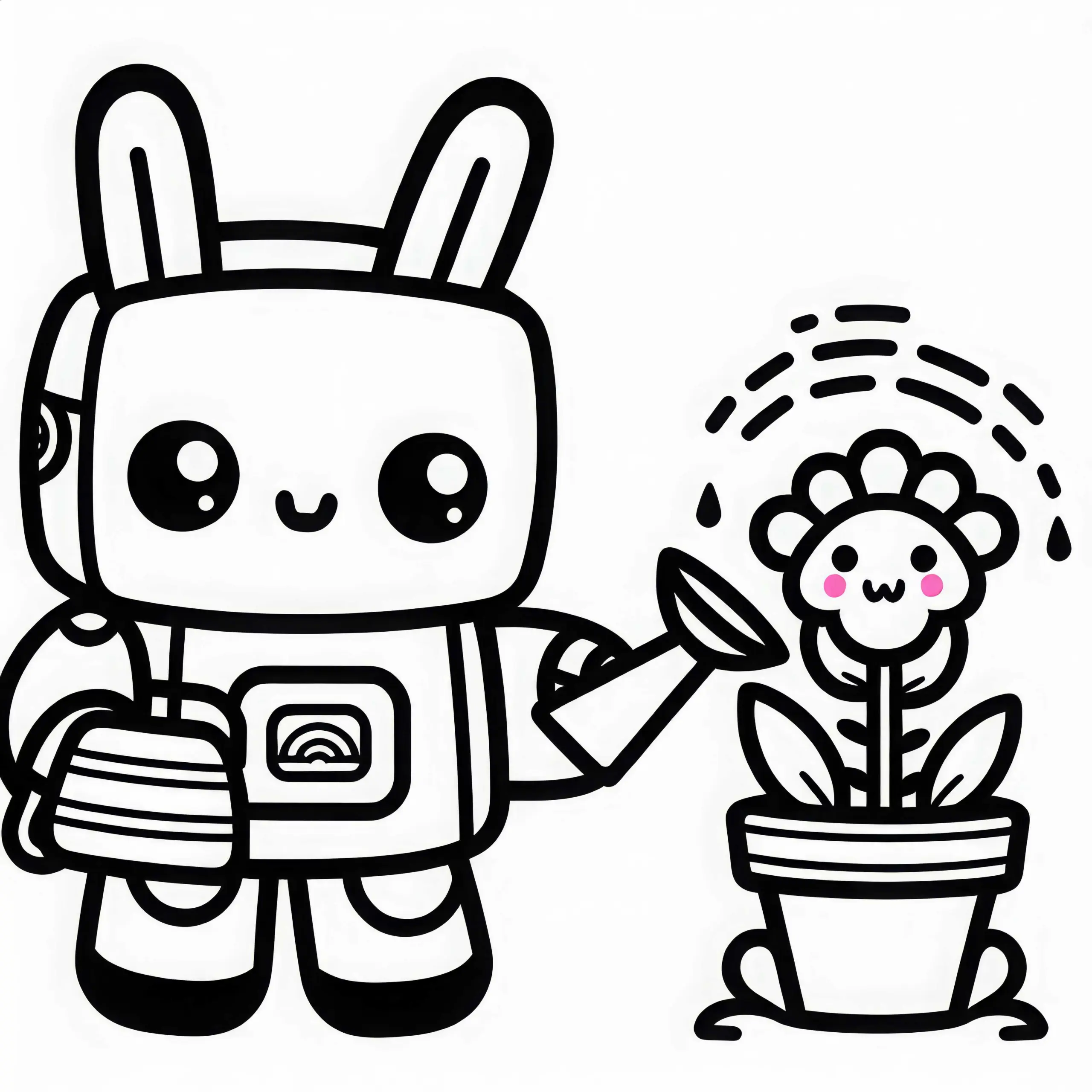 Roboter mit Hasenohren gießst Blume – Ausmalbild Kawaii kostenlos