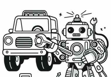 Roboter mit Werkzeugarmen repariert Fahrzeug – Malvorlage für Jungs ab sechs kostenlos