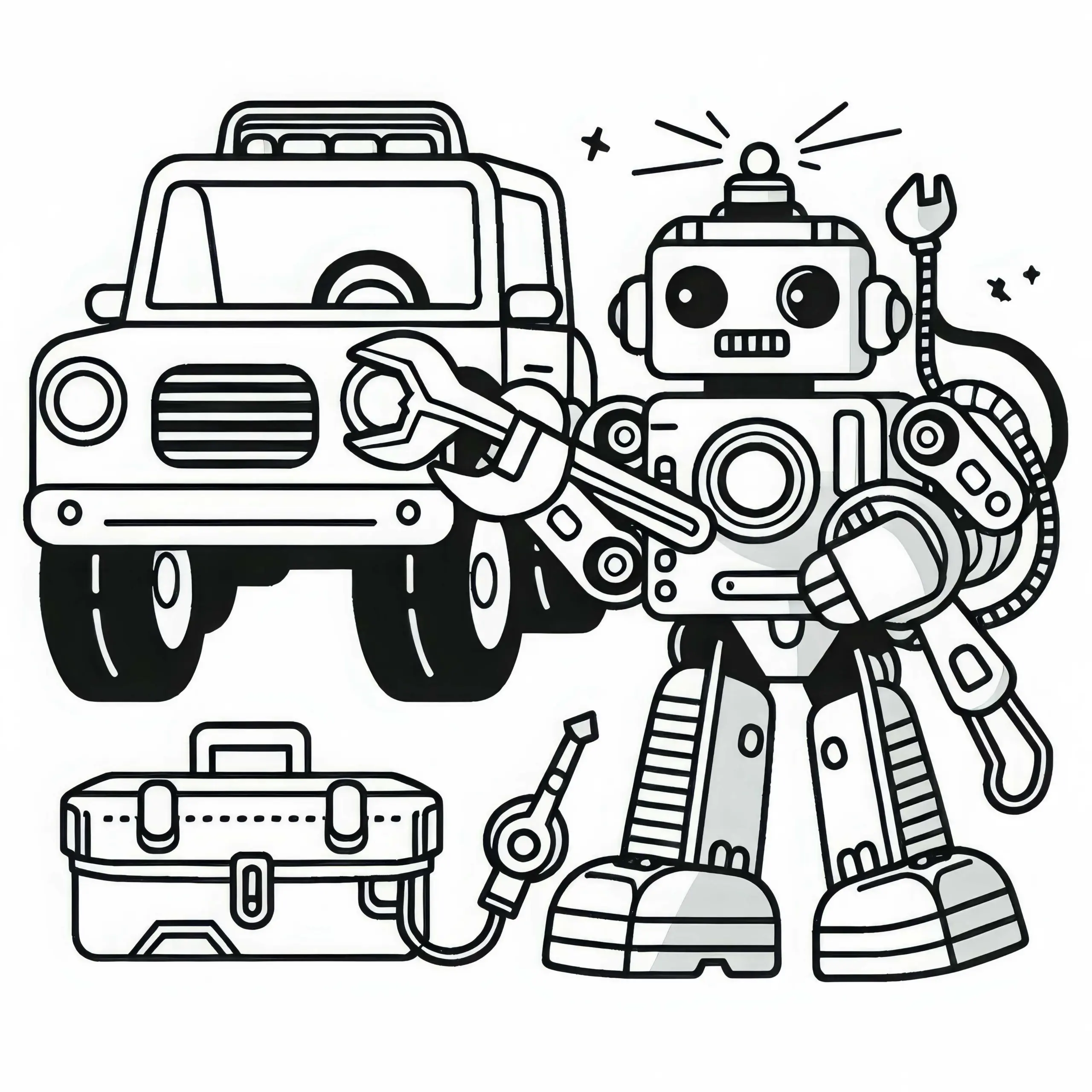 Roboter mit Werkzeugarmen repariert Fahrzeug – Malvorlage für Jungs ab sechs kostenlos (Ausmalbild)