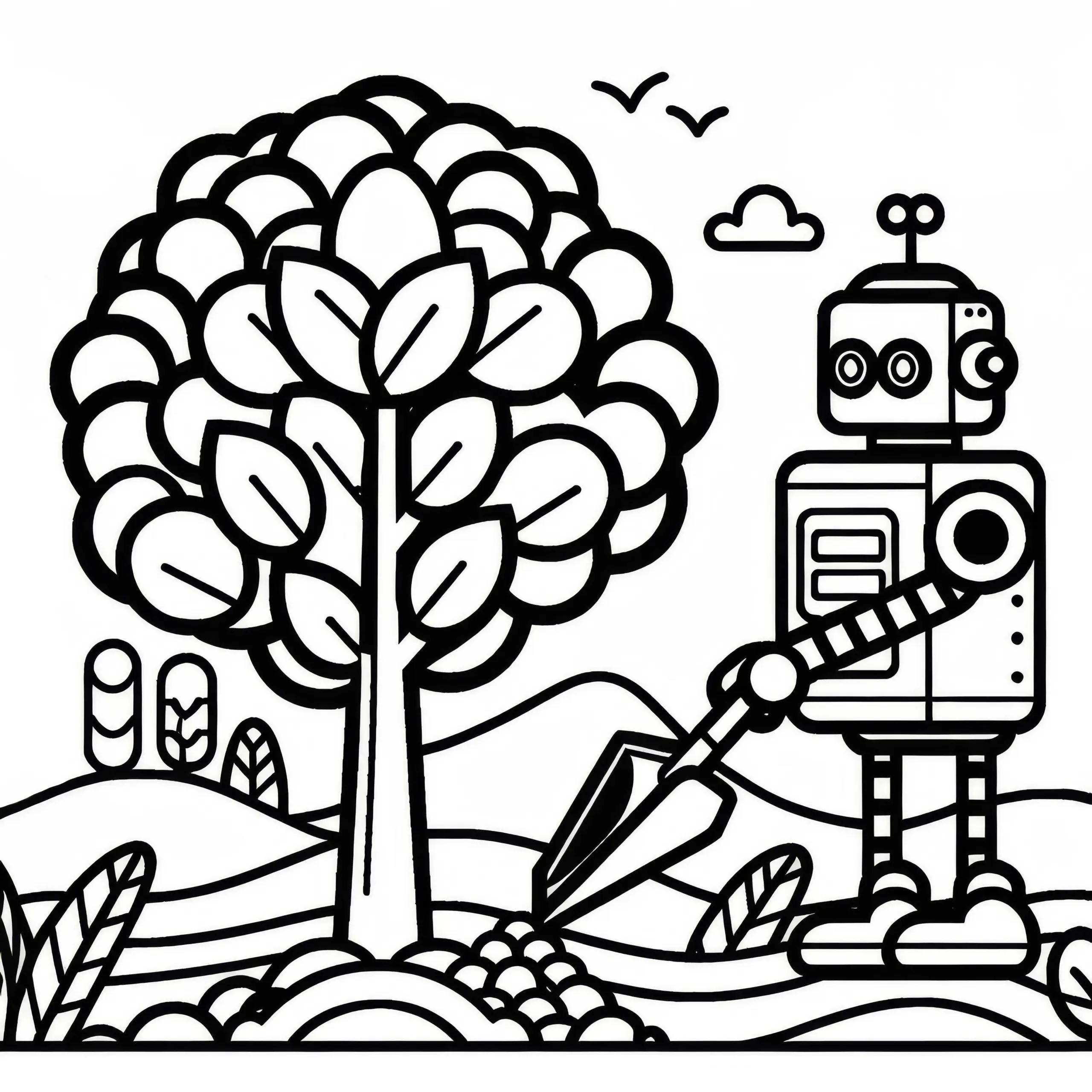 Roboter pflanzt Bäume: Einfaches Ausmalbild (Gratis)