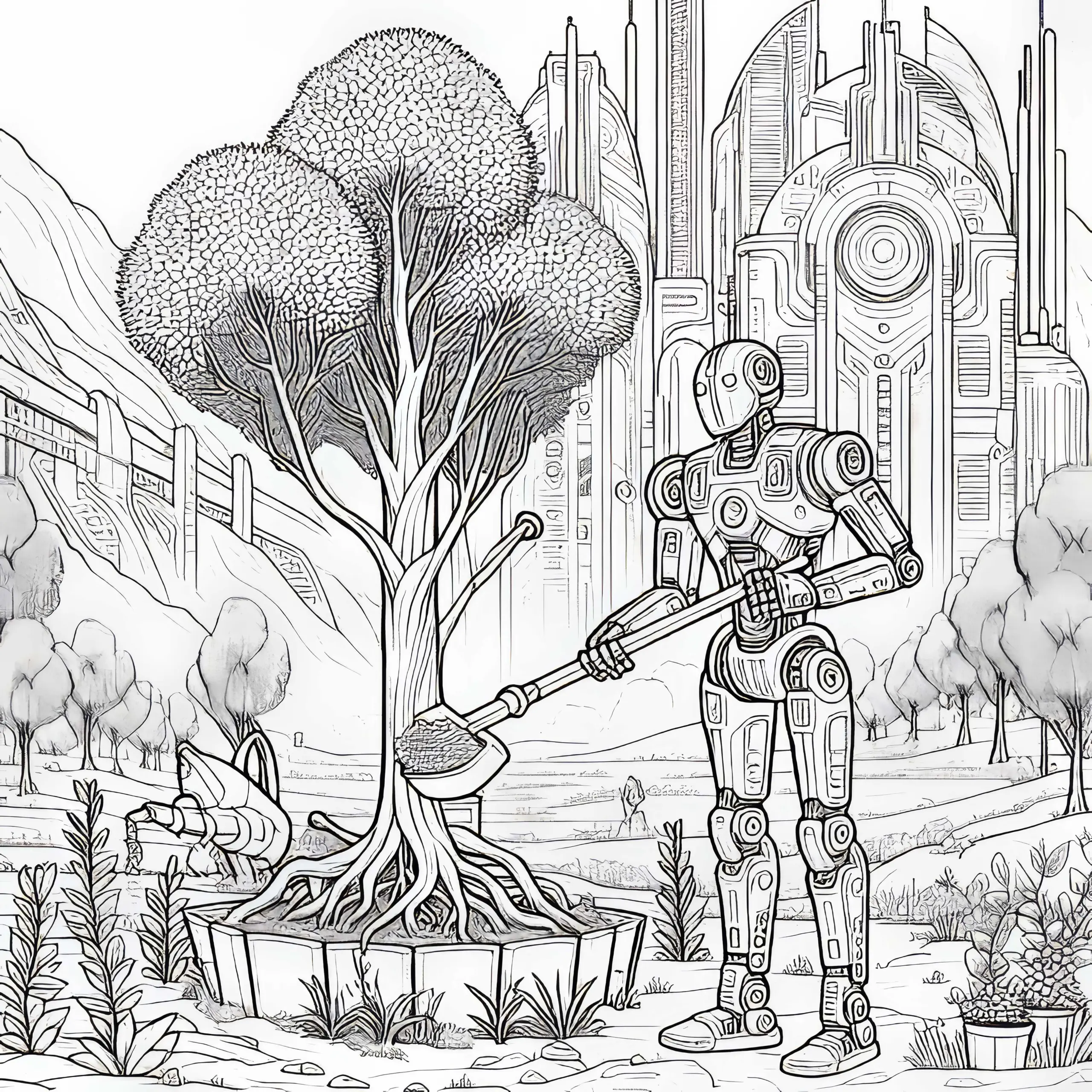 Roboter pflanzt Bäume in futuristischer Landschaft: Ausmalbild zum Download (Gratis)