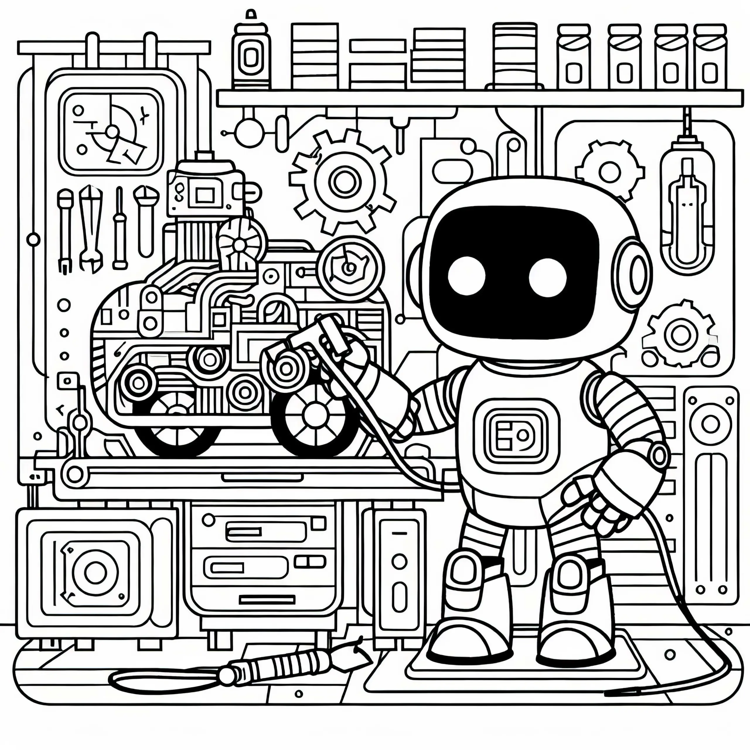 Roboter repariert defekte Maschine in futuristischer Werkstatt: Ausmalbild zum Download (Kostenlos)