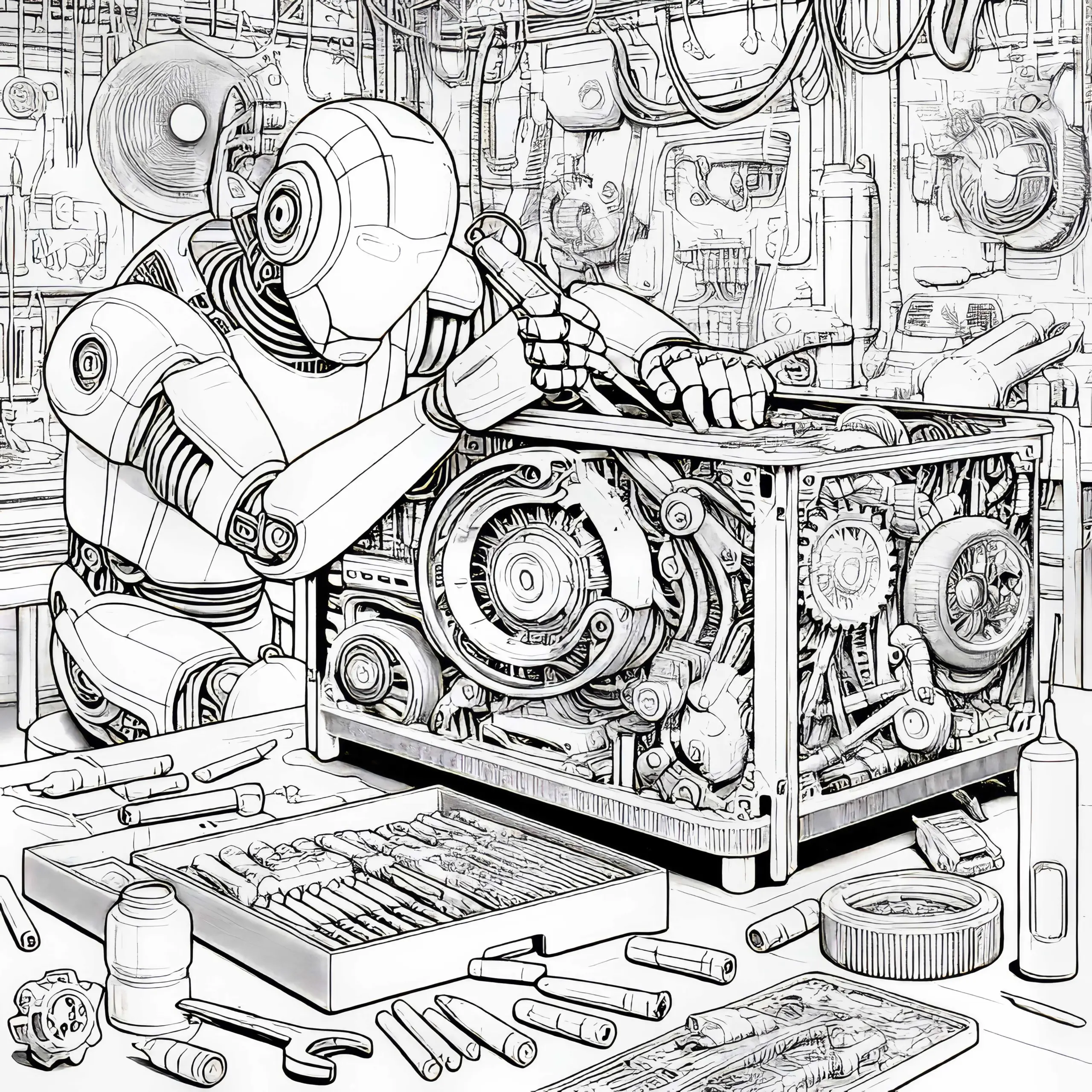 Roboter repariert defekte Maschine in futuristischer Werkstatt: Detailreiche Malvorlage (Kostenlos) (Ausmalbild)