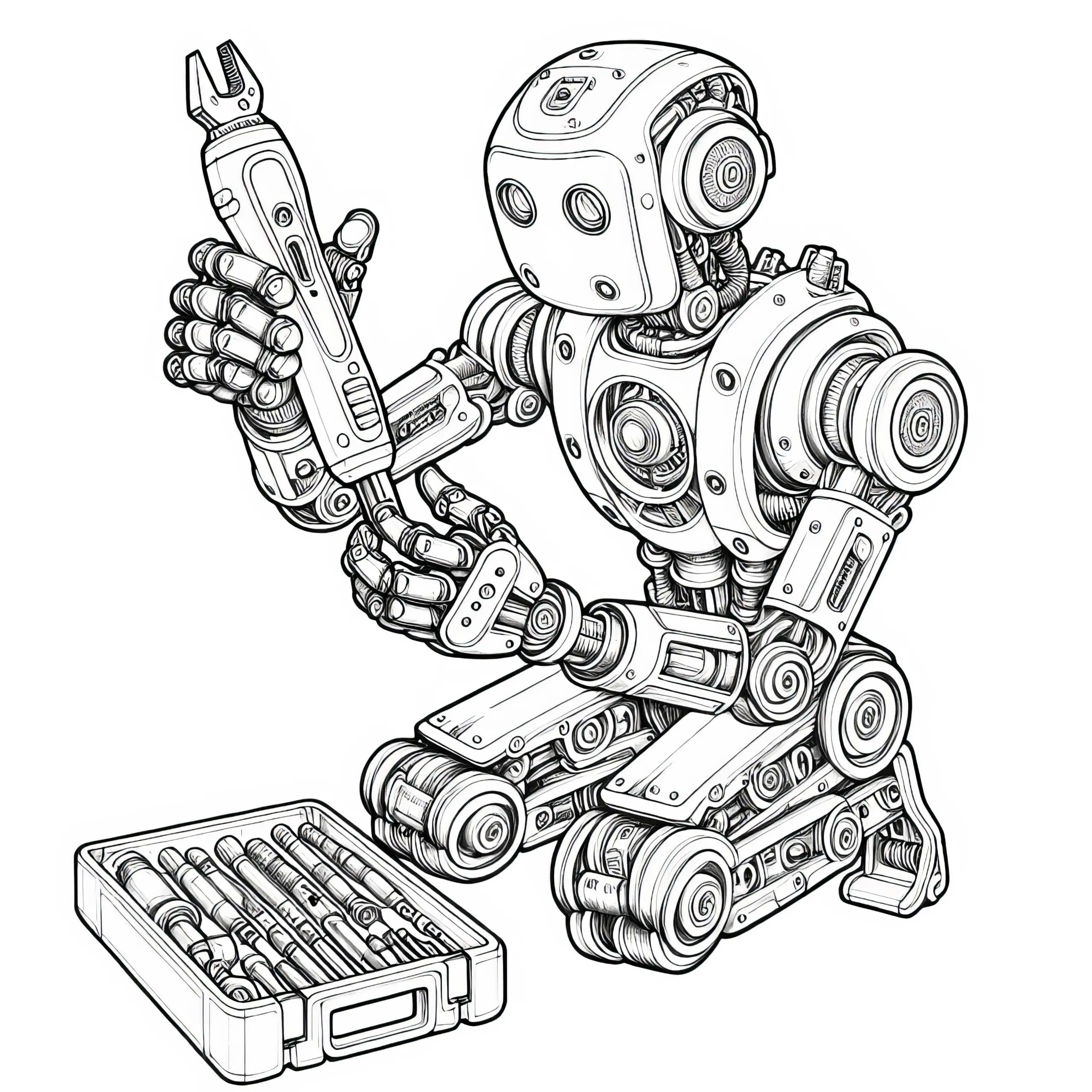 Roboter repariert sich selbst mit Multitool: Detailreiche Malvorlage (Gratis) (Ausmalbild)
