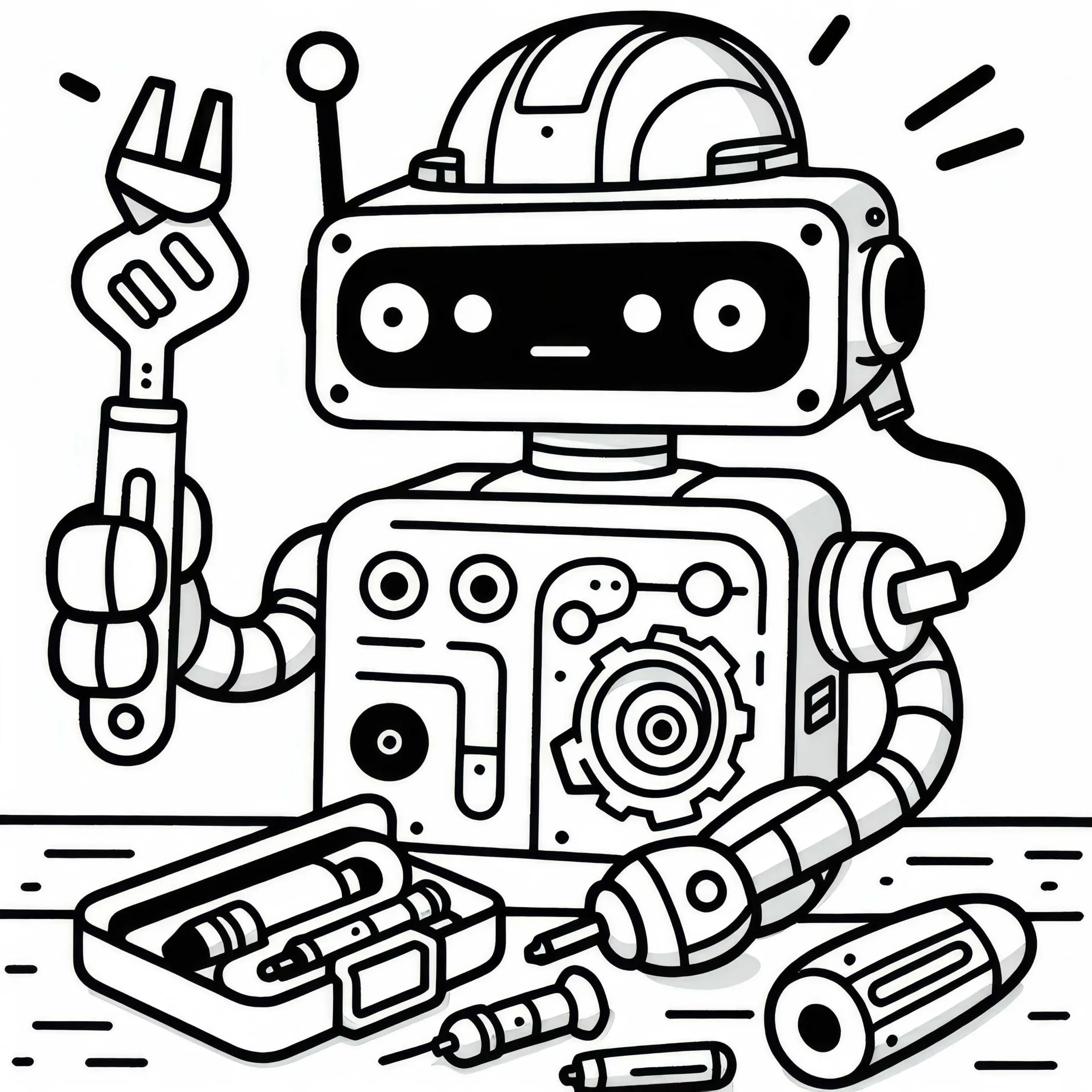Roboter repariert sich selbst mit Multitool: Malvorlage zum Herunterladen (Kostenlos) (Ausmalbild)