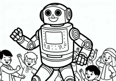 Roboter tanzt mit Kindern – Ausmalbild für Jungs ab drei gratis
