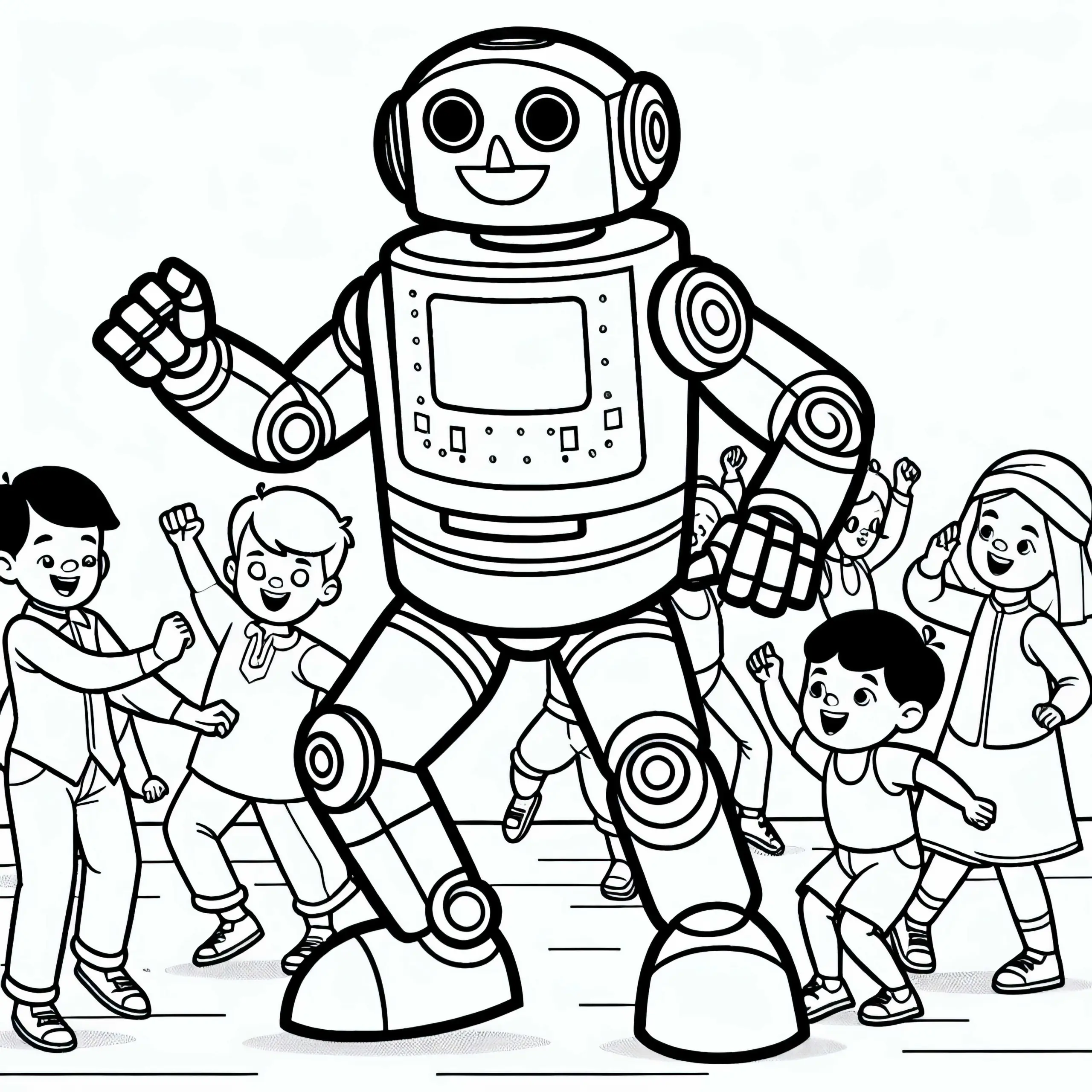 Roboter tanzt mit Kindern – Ausmalbild für Jungs ab drei gratis