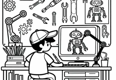 Roboterentwickler konstruiert Robotermodell am Computer – Malvorlage gratis