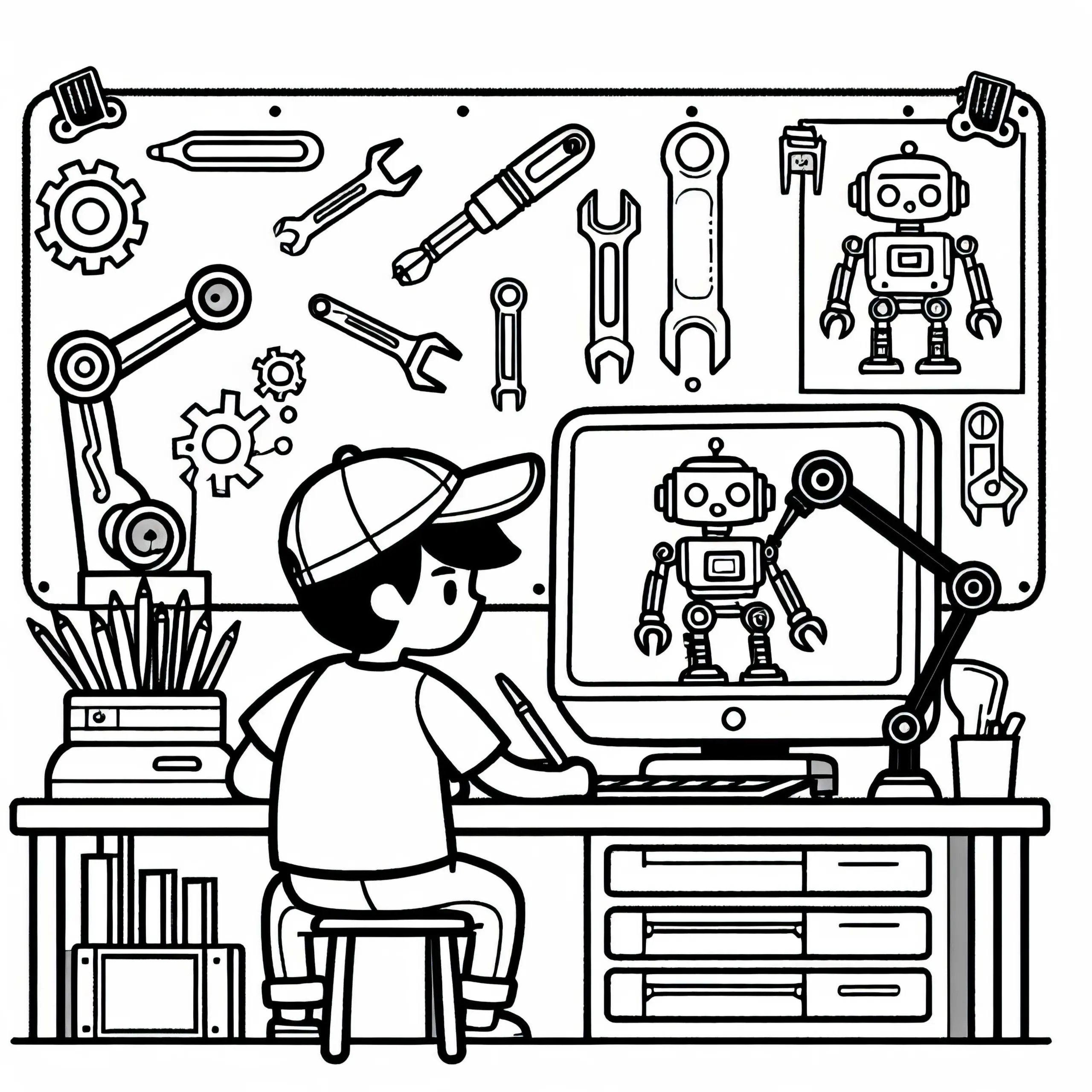 Roboterentwickler konstruiert Robotermodell am Computer – Malvorlage gratis (Ausmalbild)