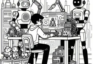 Roboterentwickler programmiert Roboter – Ausmalbild kostenlos