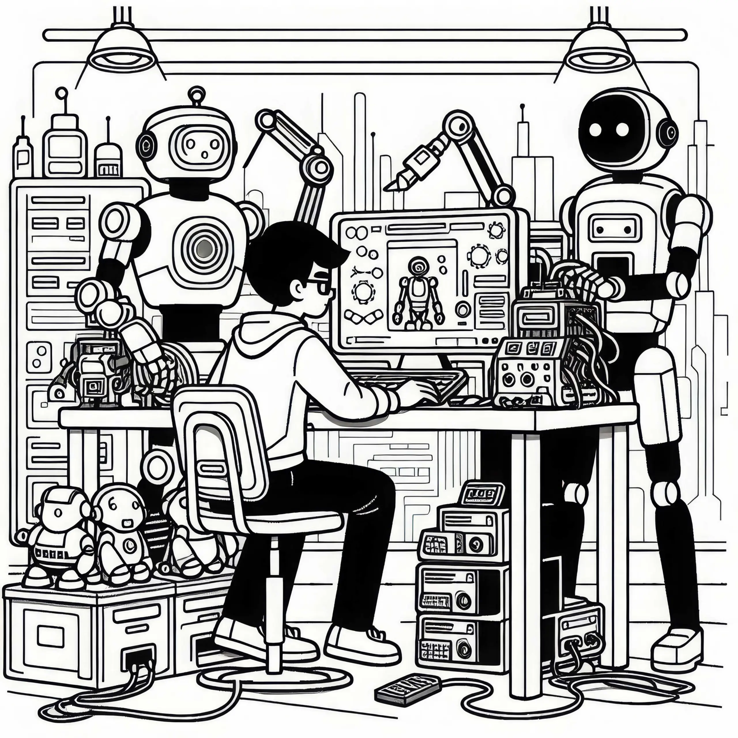 Roboterentwickler programmiert Roboter – Ausmalbild kostenlos