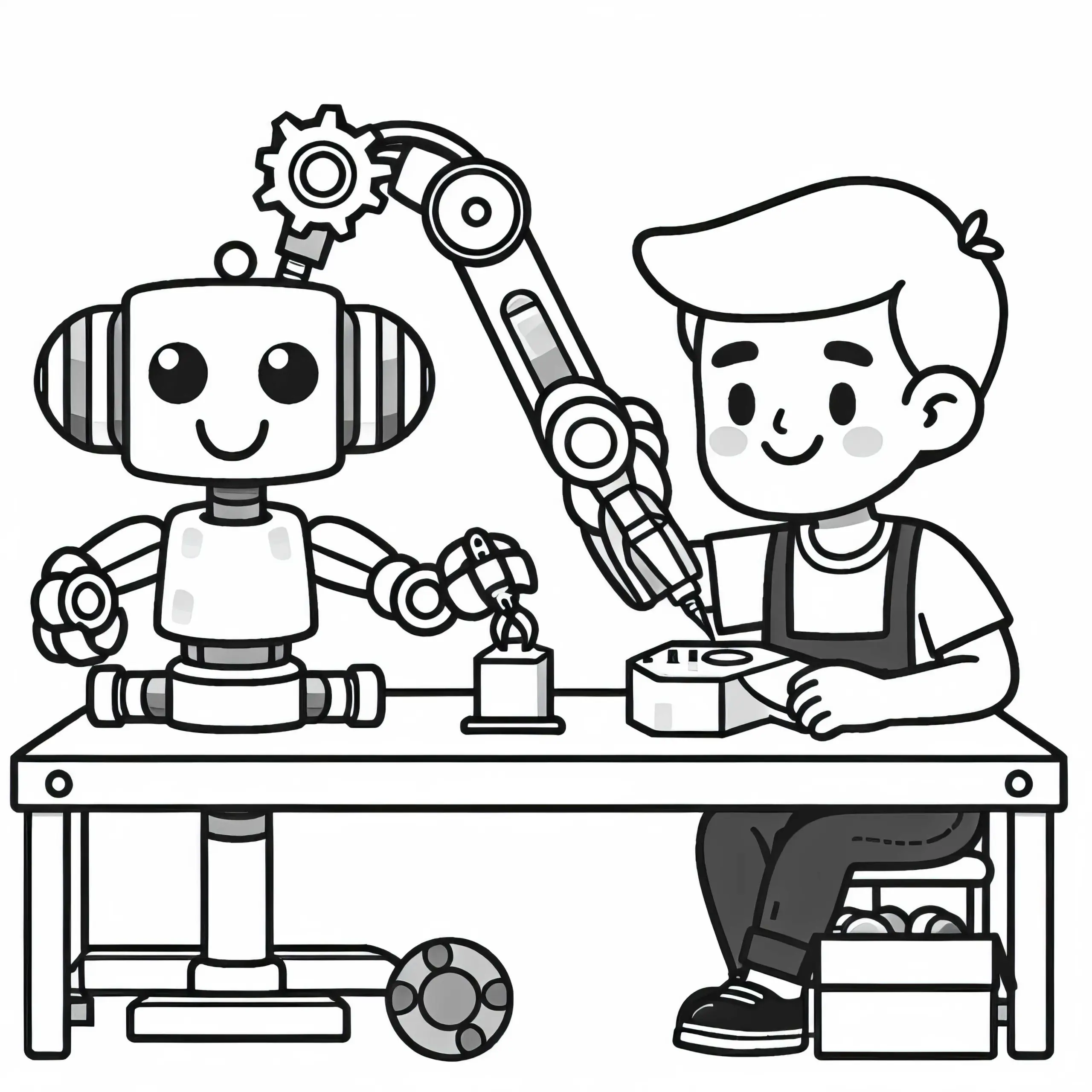 Roboterentwickler testet Roboterarm – Malvorlage gratis (Ausmalbild)