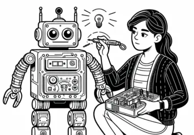 Roboterentwicklerin baut Sensoren in Roboter ein – Malvorlage kostenlos
