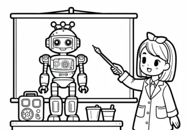Roboterentwicklerin führt Präsentation eines Roboters durch – Malvorlage gratis