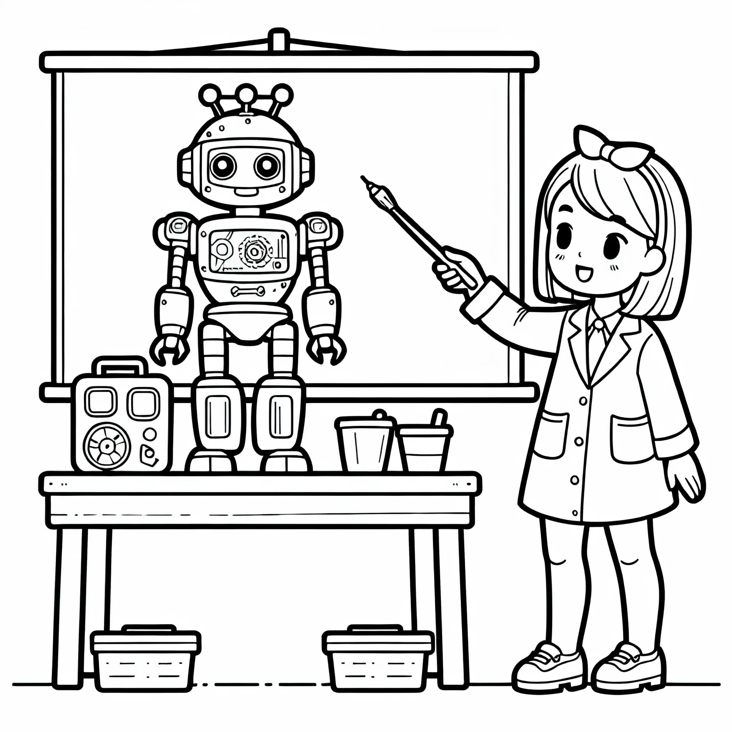 Roboterentwicklerin führt Präsentation eines Roboters durch – Malvorlage gratis (Ausmalbild)