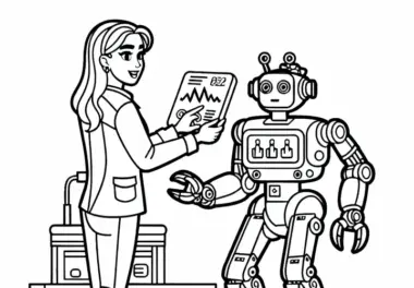 Roboterentwicklerin kontrolliert die Energieleistung des Roboters – Malvorlage gratis